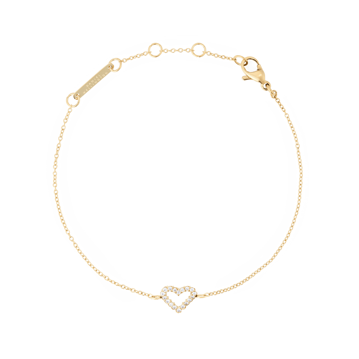 Delicate Mirelle Heart Bracelet Gold featuring a slim chain and an open heart charm set with cubic zirconia crystals, crafted in gold-plated stainless steel with adjustable links for a comfortable fit.