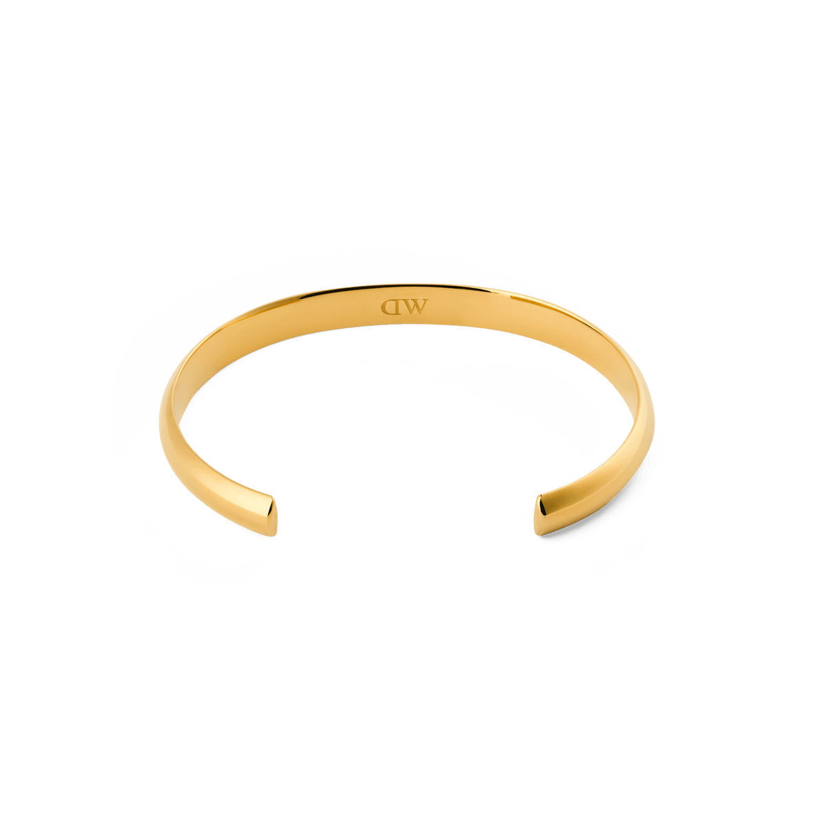 Arch Cuff Gold 6mm displayed from above, showing its open-ended, polished gold design with a smooth, rounded profile and subtle inner logo detail.