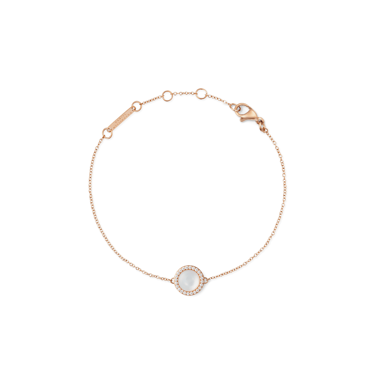 Rose gold bracelet with a slim adjustable chain, featuring a round mother of pearl charm framed by white cubic zirconia crystals and a secure lobster clasp.
