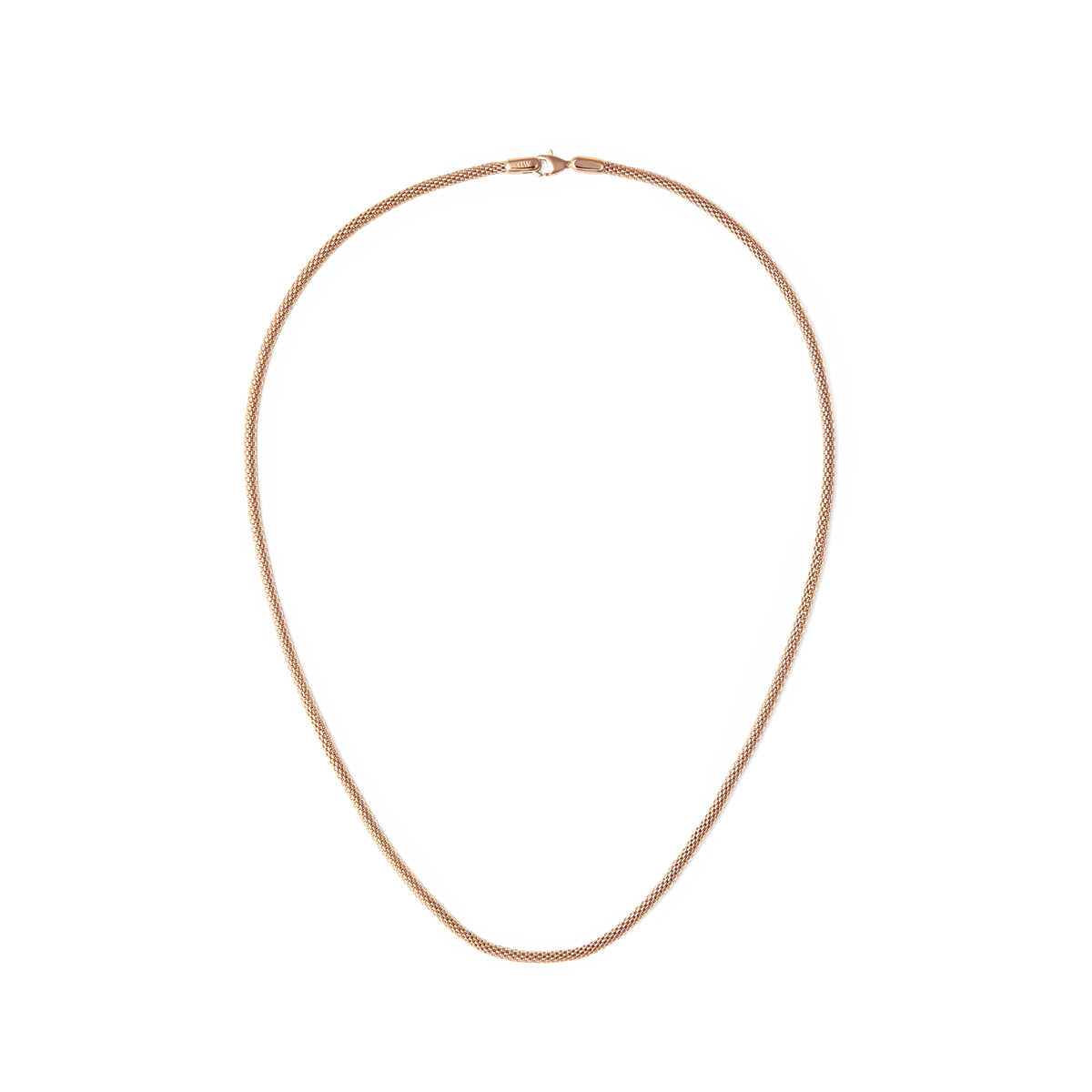 Rose gold mesh chain necklace with a polished finish and lobster clasp, featuring a modern, minimalistic design and comfortable 500mm length.