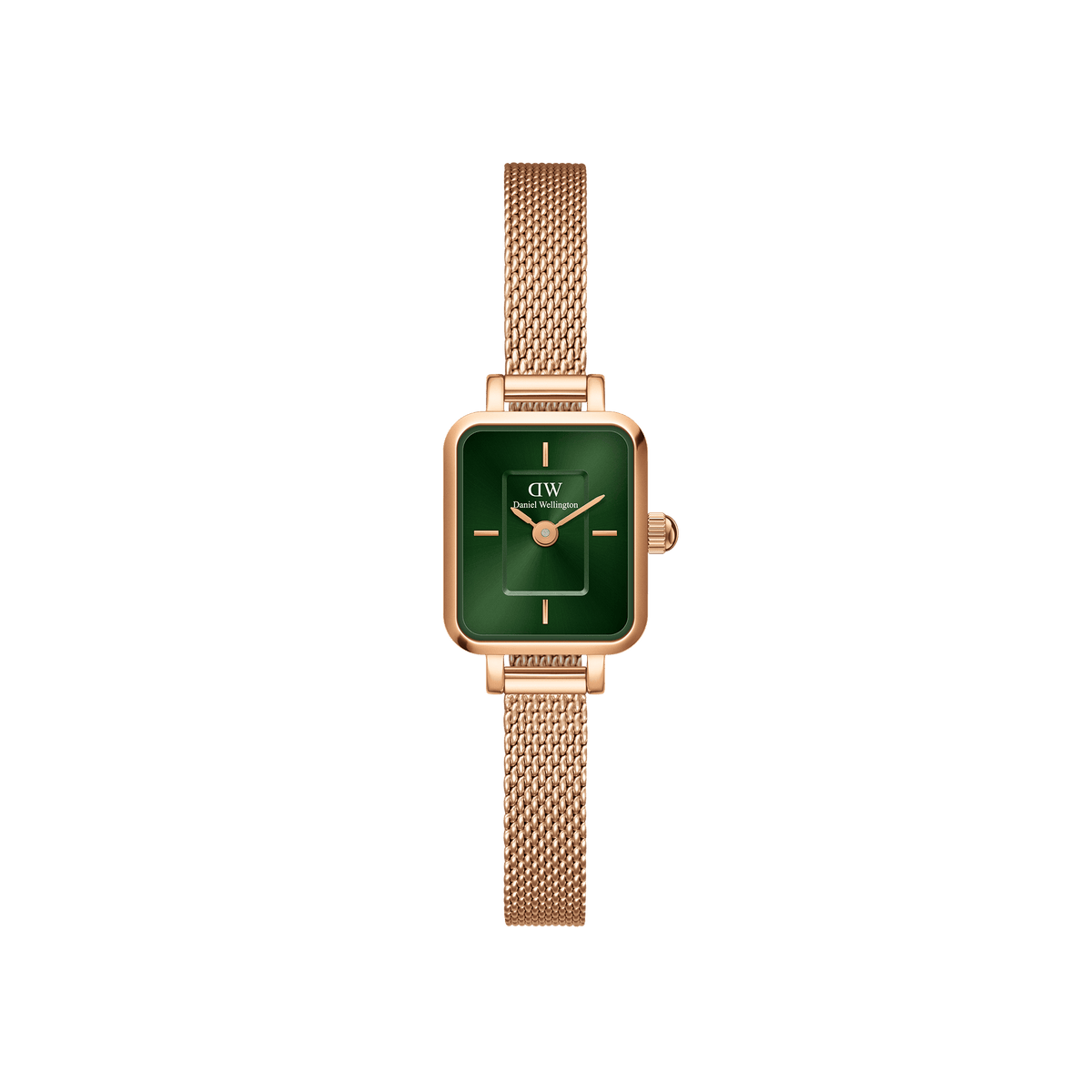 Quadro Mini Melrose Emerald features a slim rectangular case with an emerald green dial and a rose gold mesh bracelet, offering a minimalist and elegant look suitable for everyday wear.
