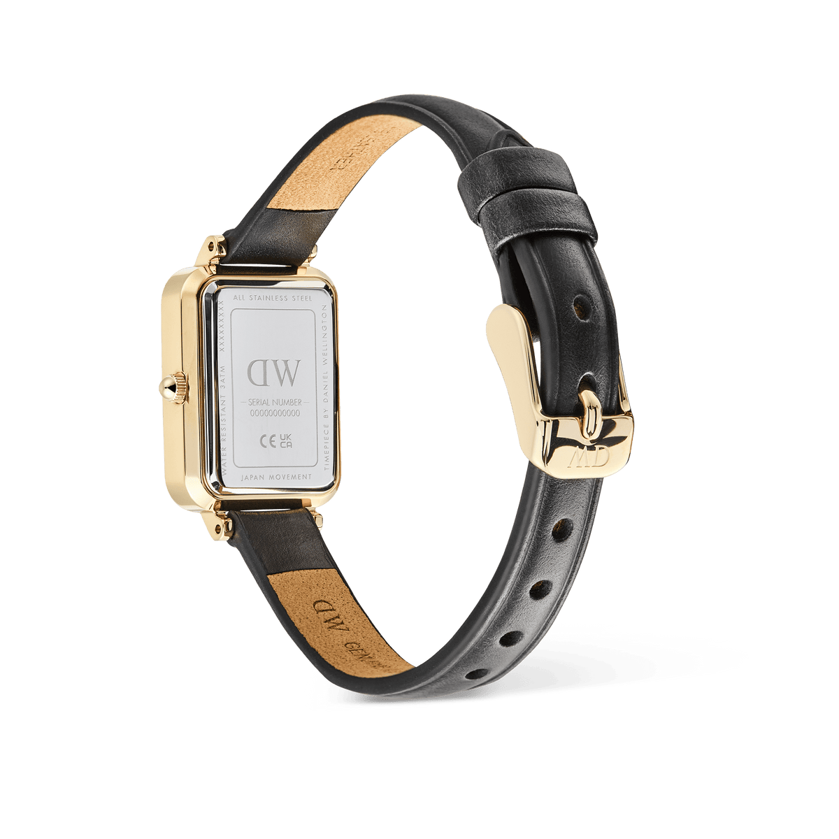 Rear view of the Quadro Roman Numerals Date Sheffield Gold ladies watch, showing the gold-plated rectangular case, engraved caseback, adjustable black leather strap, and gold pin buckle.