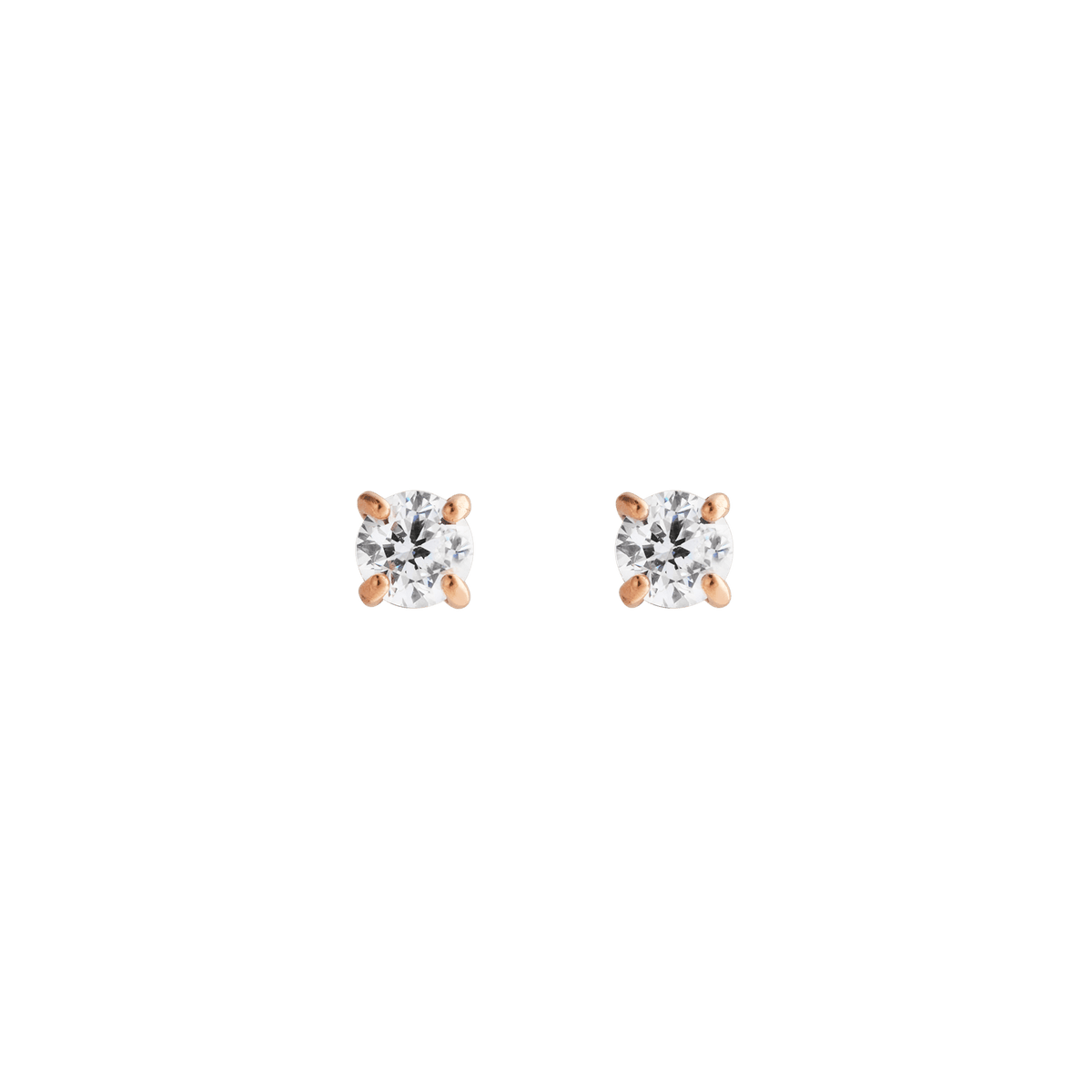 Pair of Mirelle Solitaire Stud Earrings in rose gold, each featuring a white cubic zirconia stone in a four-prong setting, with a minimalist and elegant design suitable for everyday wear.