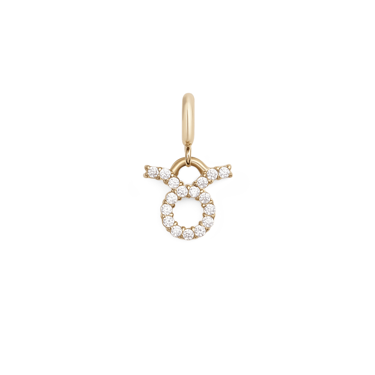 Gold Taurus zodiac watch charm adorned with sparkling cubic zirconia crystals, featuring a classic round and horned design in a secure claw setting for versatile styling with watches or bracelets.