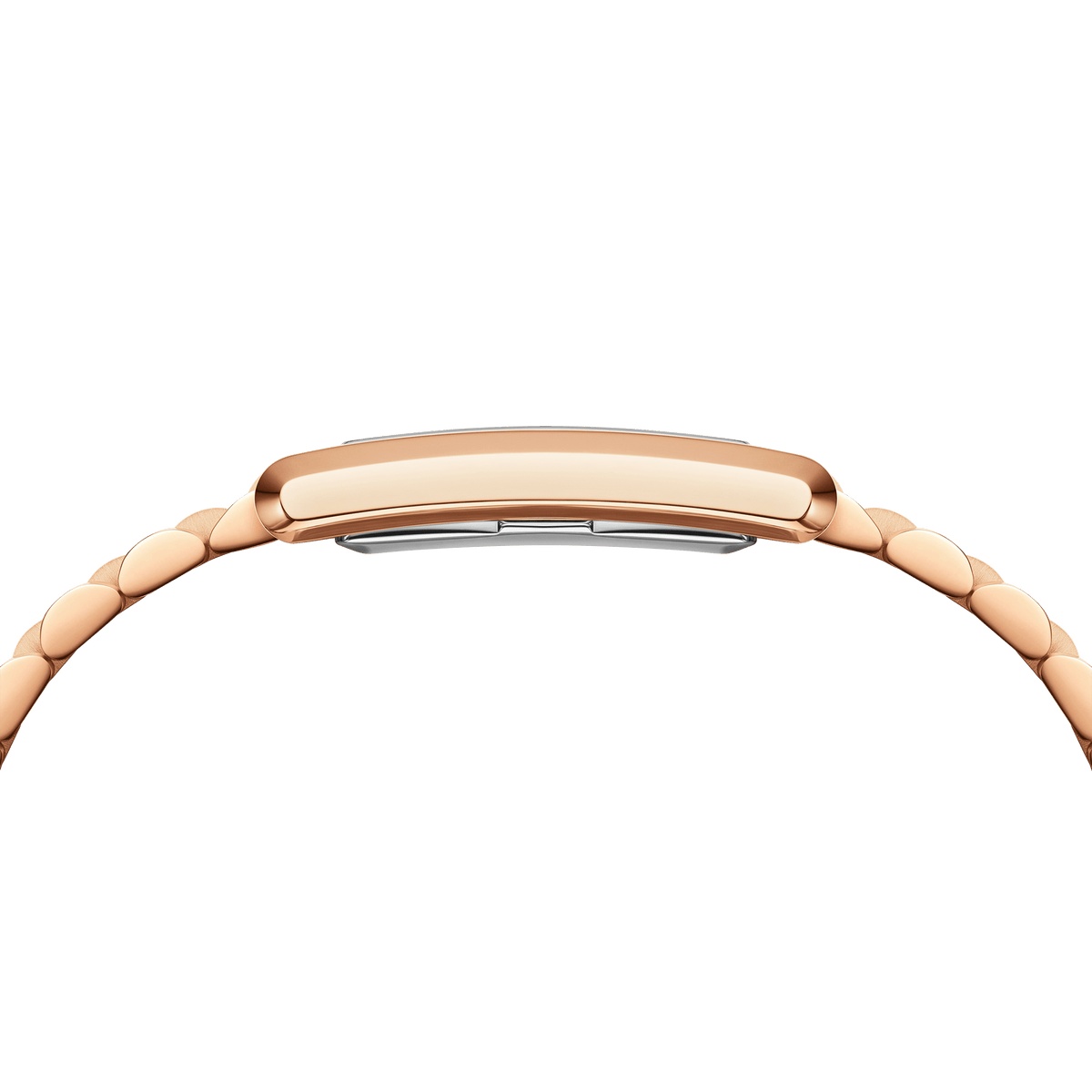 Side profile of the Bound 3-Link Rose Gold watch showing its slim rectangular case and polished rose gold bracelet, highlighting the comfortable fit and sleek design.