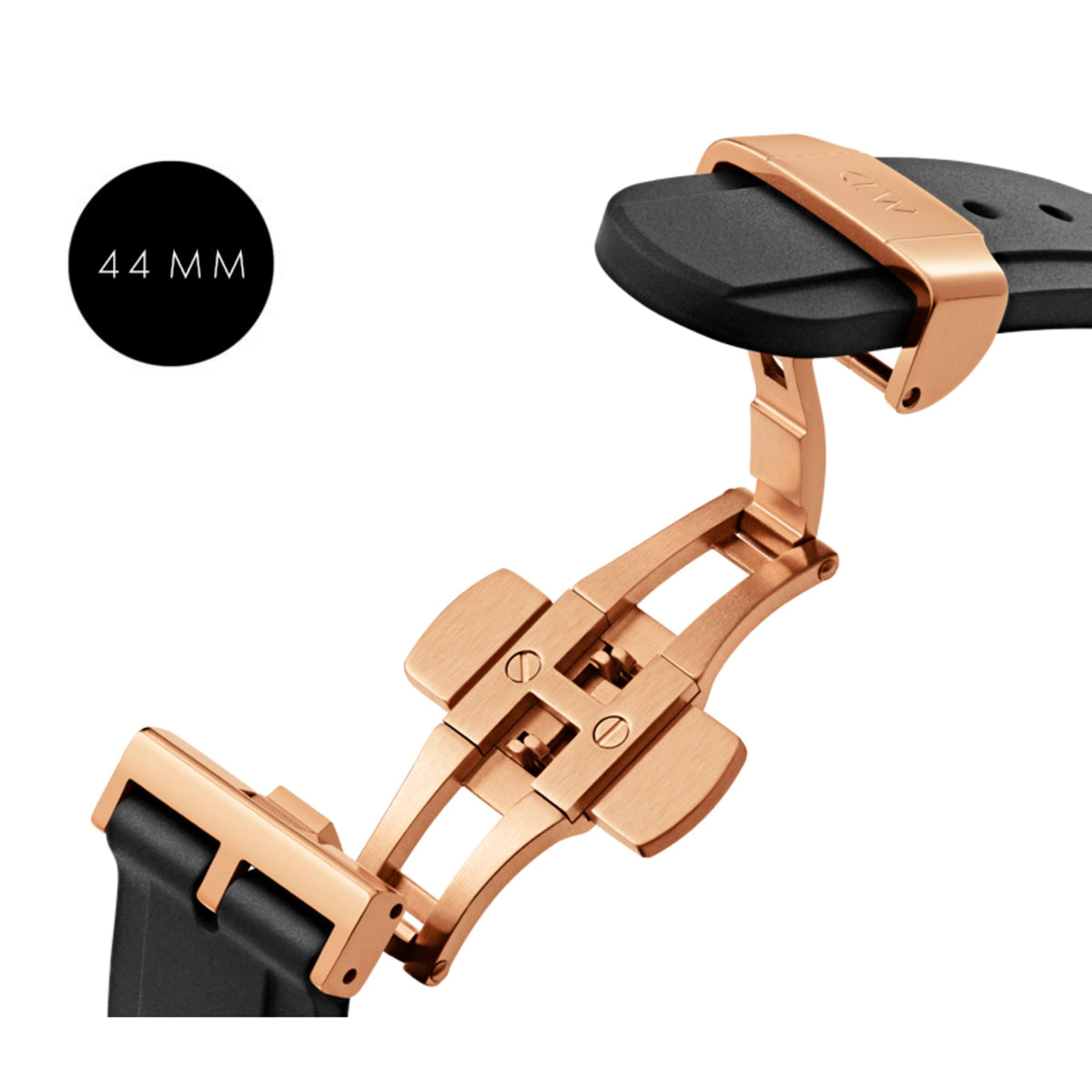 Detail of the Daniel Wellington Iconic Motion Rose Gold 44mm watch showing the rose gold butterfly clasp and black FKM rubber strap.