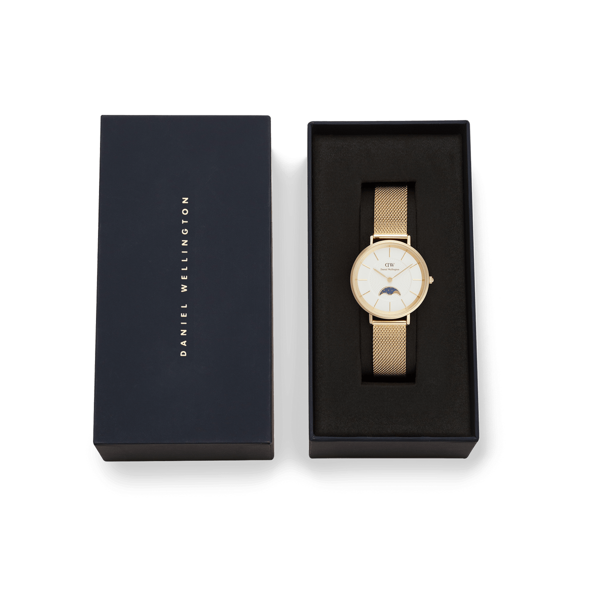 Petite Lune Evergold ladies gold watch with a mesh strap and moon-phase dial, presented in a sleek black Daniel Wellington gift box, ideal for gifting or special occasions.