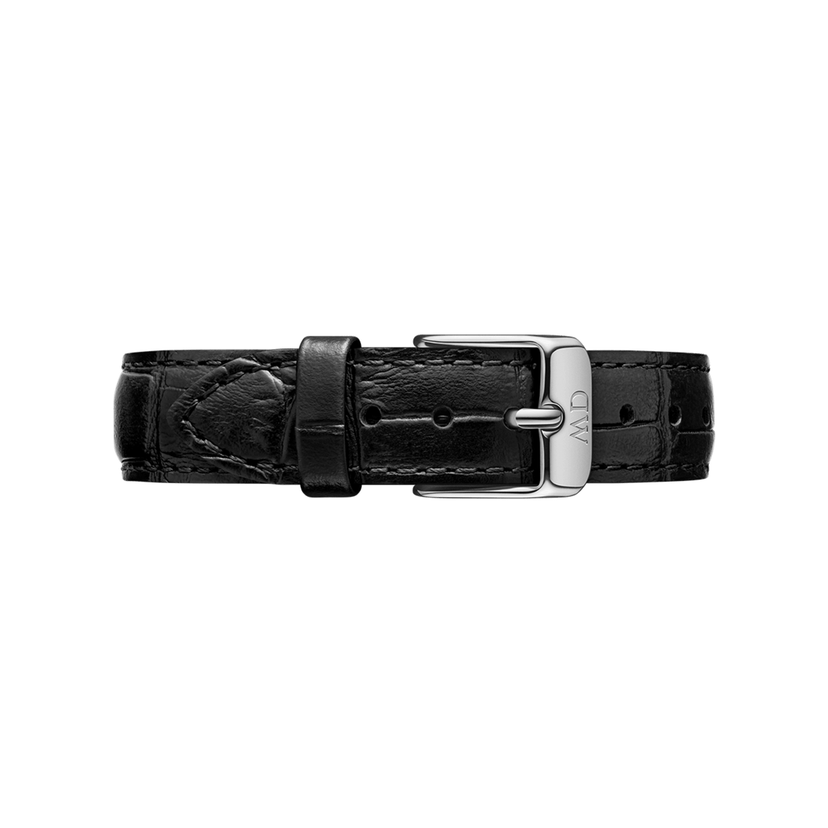 Narrow Reading Strap Silver in black genuine leather with a croc-embossed pattern and a polished silver buckle, designed for Daniel Wellington watches and suitable for smaller watch faces.
