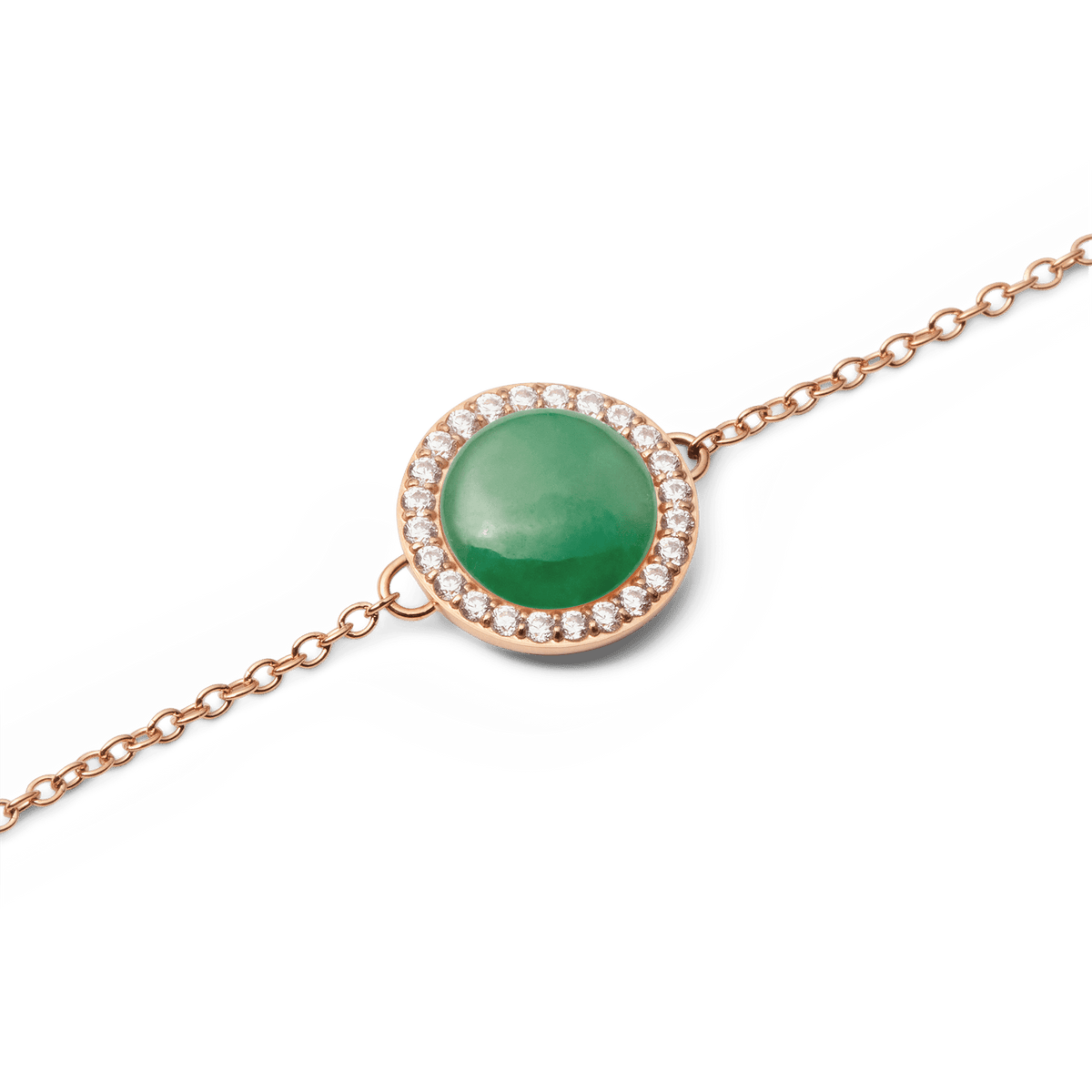 Close-up of the Audrey Bracelet Jade Rose Gold, highlighting the domed green jade centrepiece surrounded by a halo of sparkling white cubic zirconia crystals on a slim rose gold chain.