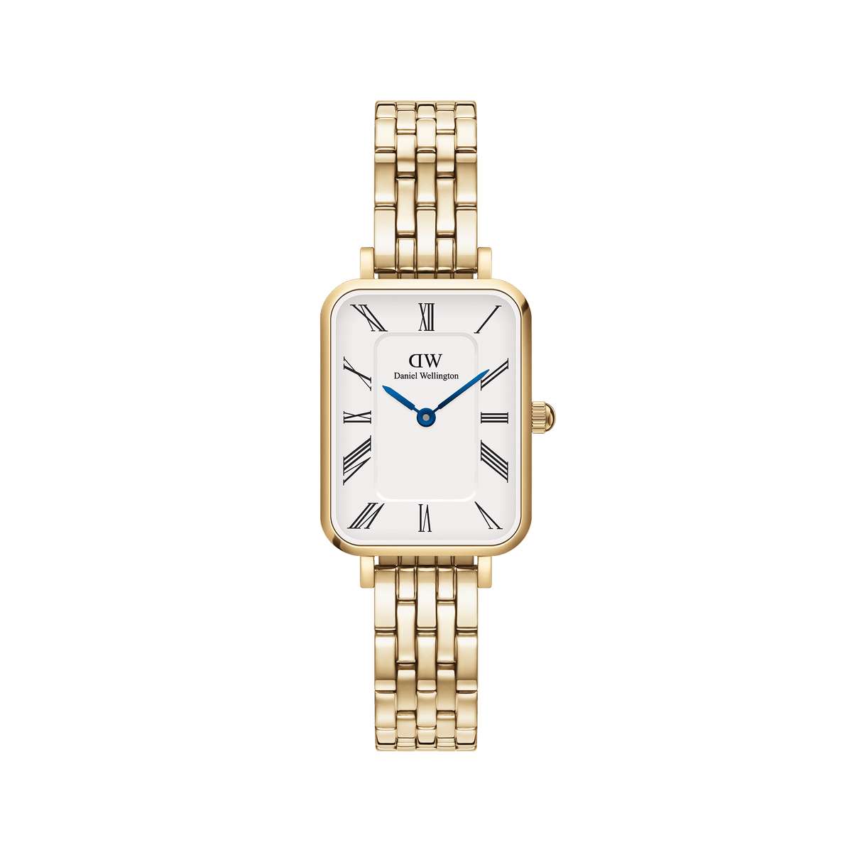 Quadro Roman Numerals 5-Link Gold ladies watch featuring a rectangular white dial with classic Roman numerals, blue steel hands, and a slim gold 5-link bracelet, offering a refined and timeless look.