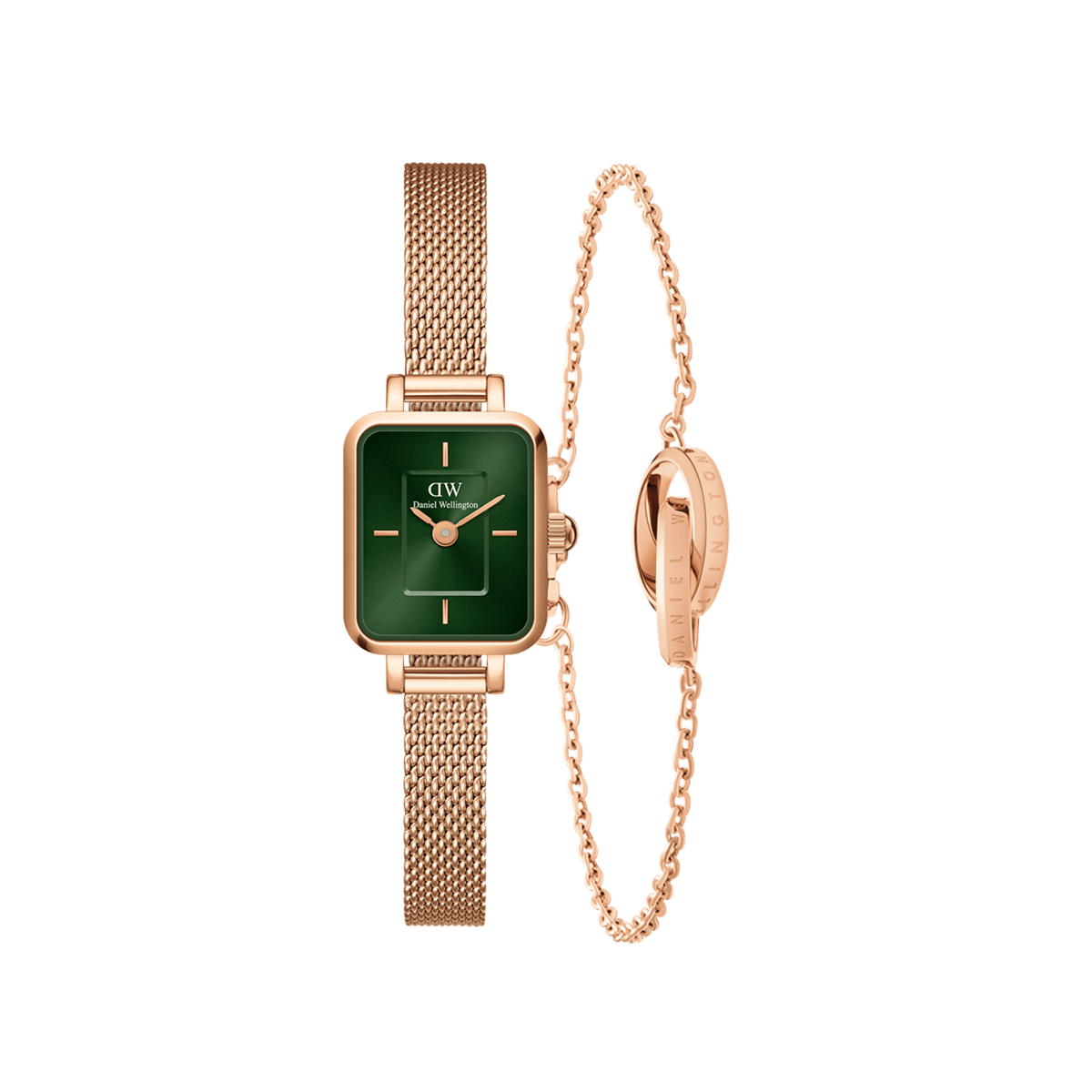 Rectangular rose gold watch with a mesh strap and emerald green dial, paired with a delicate rose gold Elan Unity Bracelet featuring interlocking ring detail, both designed for a refined and modern look.