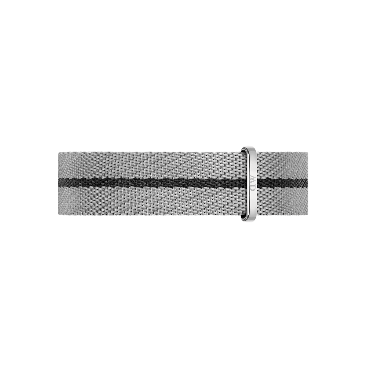 Grey and black NATO strap from Daniel Wellington, made with recycled nylon and featuring a twill weave and adjustable stainless steel buckle.