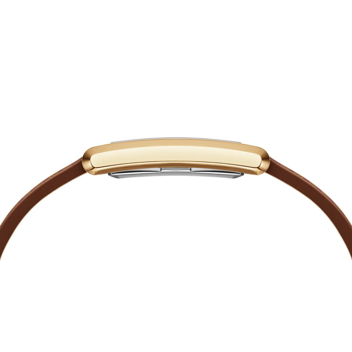 Side profile of the Bound Durham Gold watch showing its slim, curved rectangular gold case and smooth light brown leather strap, emphasising its comfortable and elegant design for daily wear.