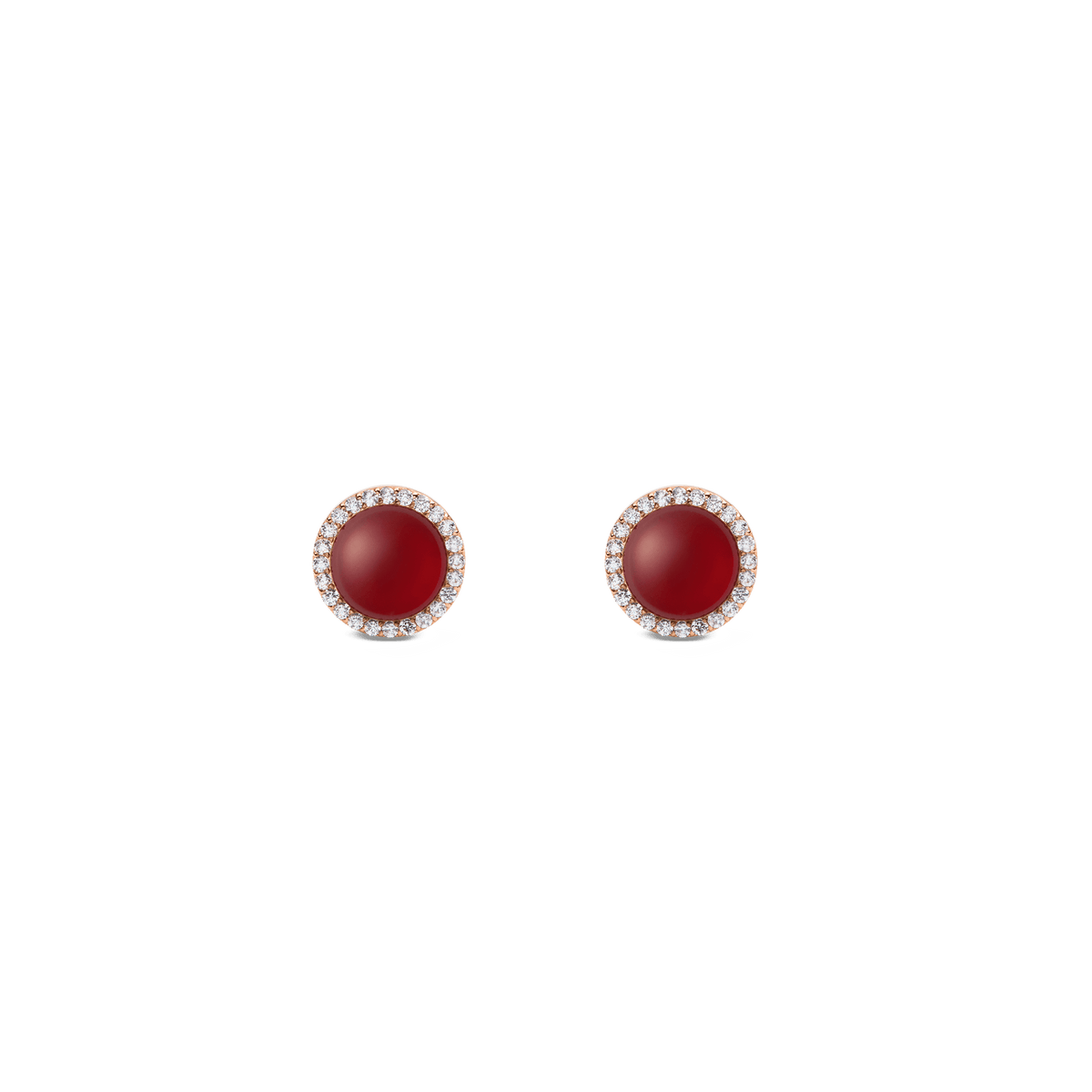 Pair of Audrey Earrings Red Agathe Rose Gold featuring domed red agate centres surrounded by a halo of white cubic zirconia crystals, set in rose gold with a minimalist stud design.