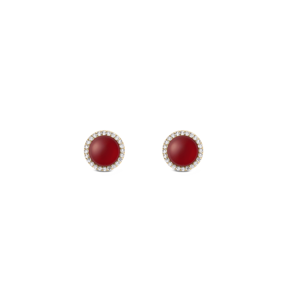 A pair of gold stud earrings featuring domed red agate stones, each surrounded by a halo of white crystals for a refined, elegant look.
