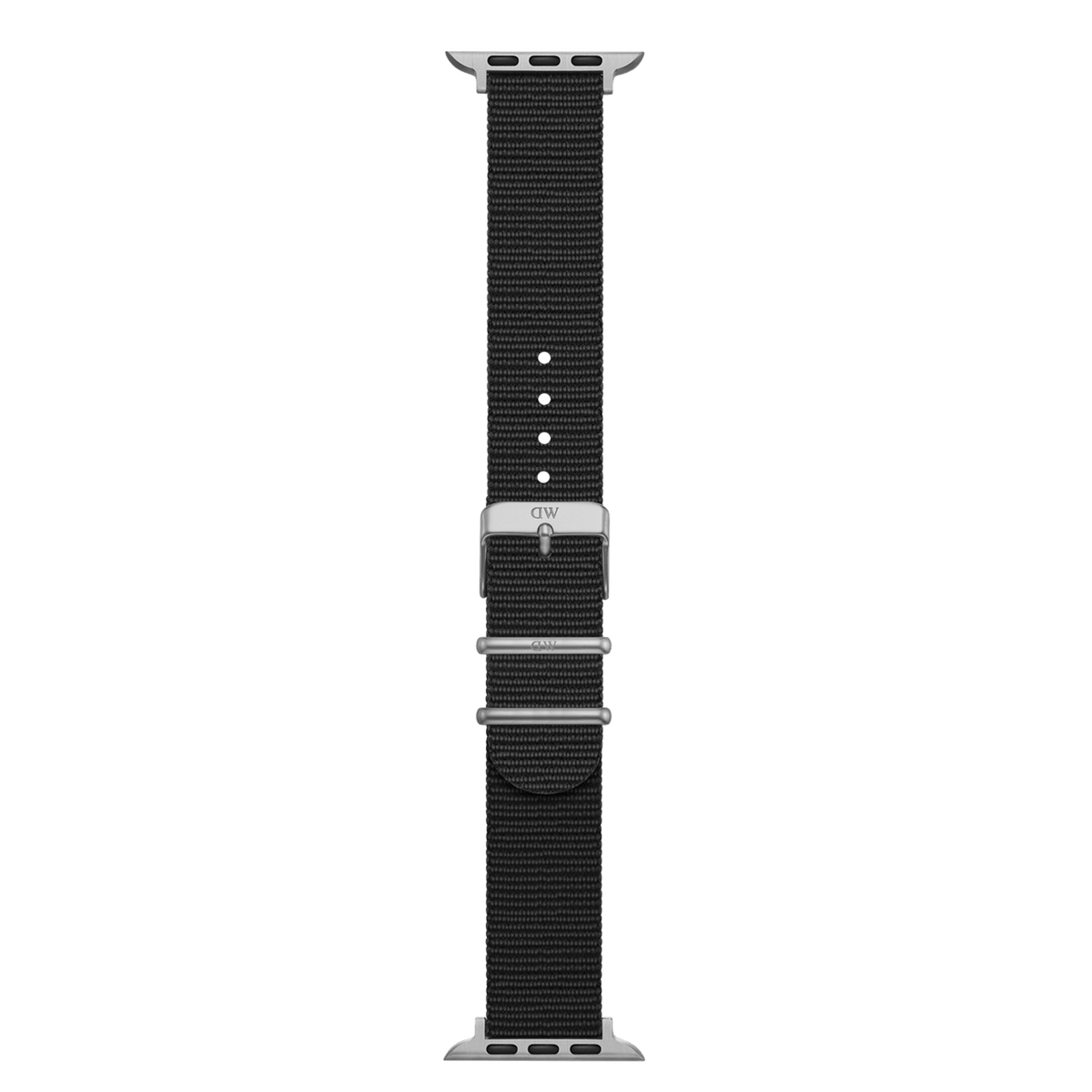 Smartwatch Strap Nato Silver featuring a black recycled polyester nato strap with silver buckle and adjustment holes, designed for Apple Watch models with 42, 44, or 45mm cases.