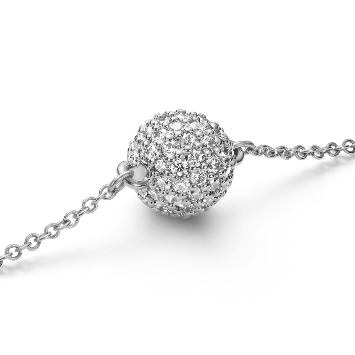 Close-up of the Pavé Crystal Pendant Bracelet Silver showing the spherical pavé ball pendant set with sparkling cubic zirconia crystals on a fine silver chain.
