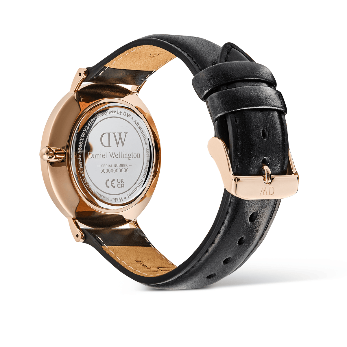 Rear view of the Classic Multi-Eye Sheffield Off-white Sunray Rose Gold watch, showing the rose gold case, engraved case back, and adjustable black leather strap with a rose gold pin buckle.