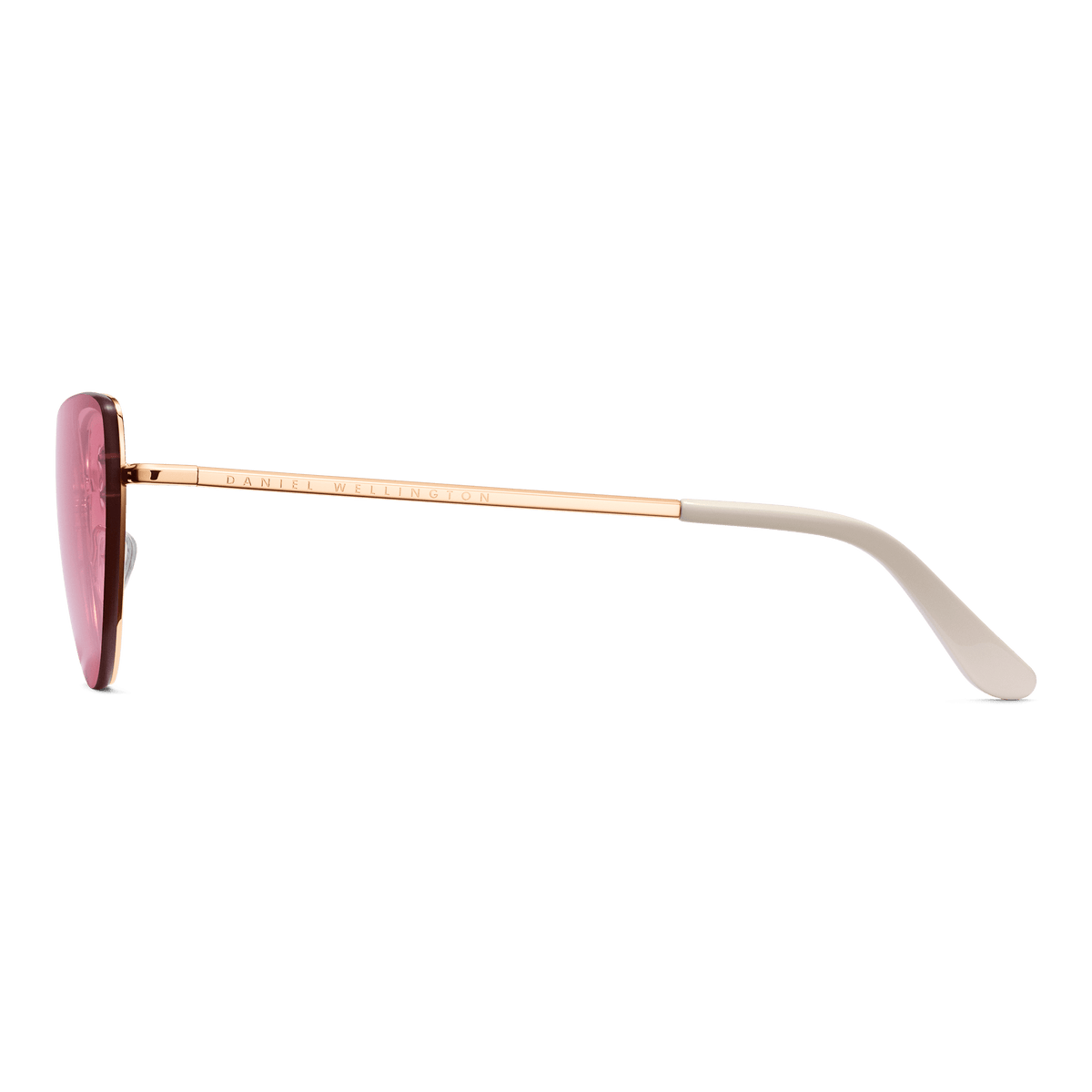 Side view of Lynx Steel Pink Gradient Rose Gold sunglasses showing the slim rose gold plated stainless steel arm with cream acetate temple tip and pink gradient lens.
