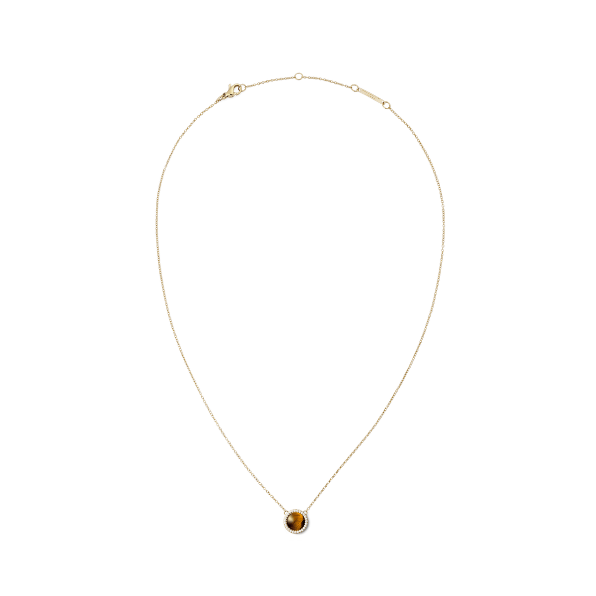 Gold necklace with a fine chain featuring a round tiger eye stone pendant framed by a halo of white cubic zirconia crystals, shown on a plain background.