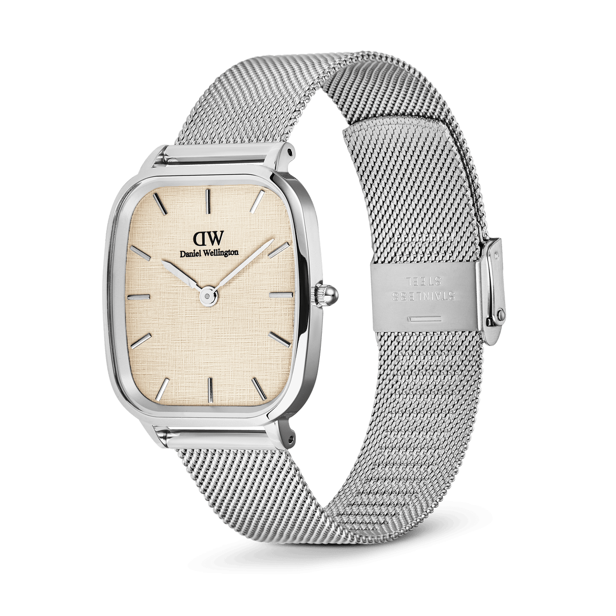 Marlon Sterling Linen men’s watch with a cushion-shaped stainless steel case, yellow linen-textured dial, minimalist hour markers, and an adjustable silver mesh bracelet.