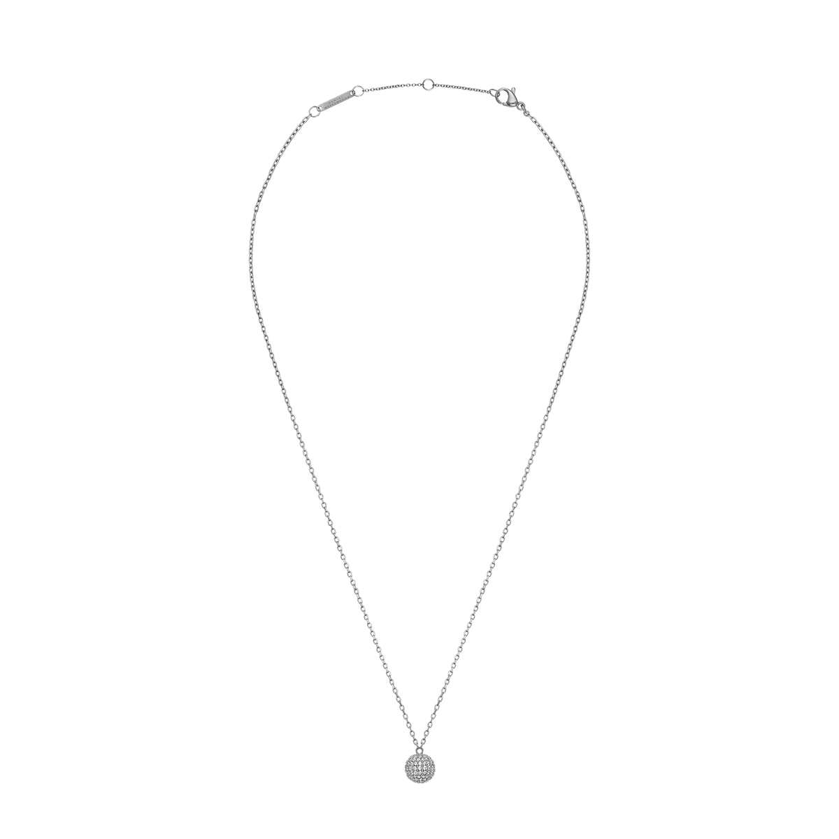 Pavé Crystal Pendant Necklace Silver with an adjustable chain and a spherical pavé pendant set with cubic zirconia crystals, shown laid flat to highlight its minimalist design and secure clasp.