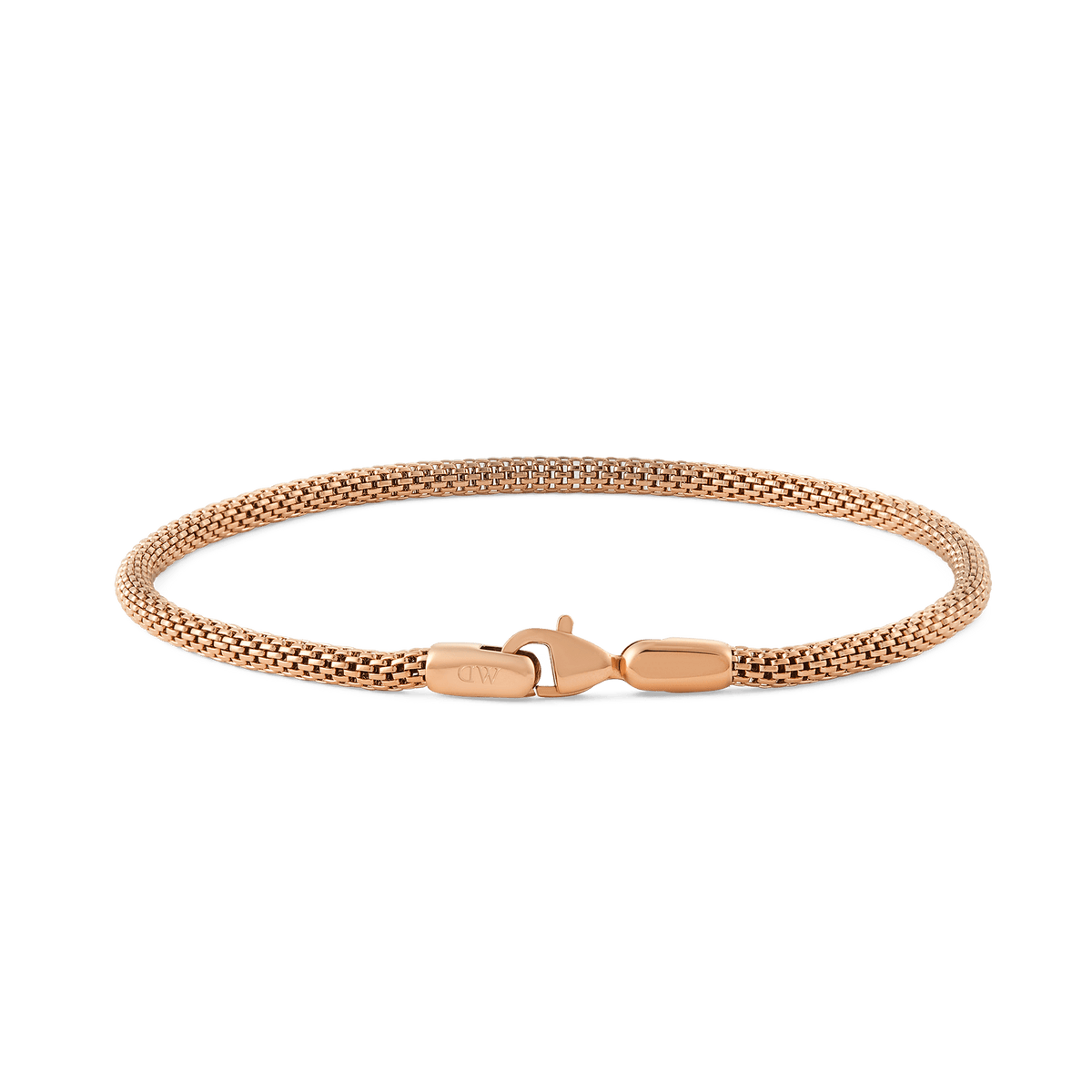 Slim rose gold mesh bracelet with a lobster clasp, featuring a lightweight and flexible design suitable for both men and women.