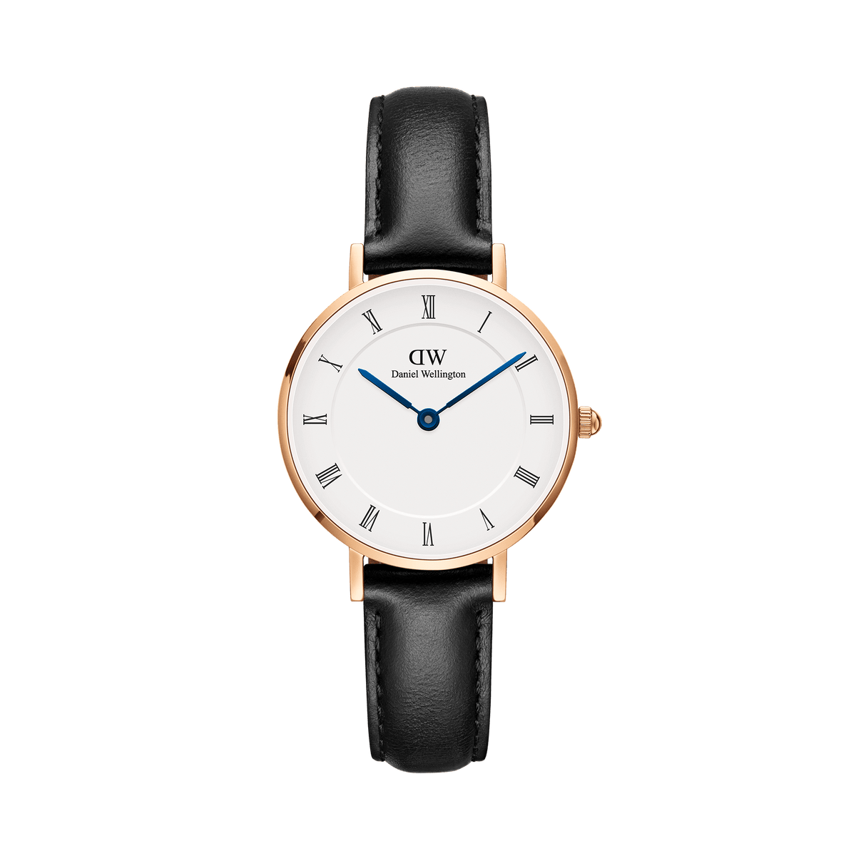 Petite Roman Numerals Sheffield Rose Gold ladies watch with a slim rose gold case, classic white dial featuring Roman numerals, blue steel hands, and a black genuine leather strap.