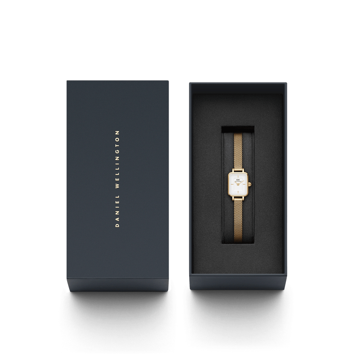 Quadro Mini Evergold gold watch with a rectangular case and mesh strap, elegantly presented in a branded Daniel Wellington gift box, ideal for gifting or daily wear.