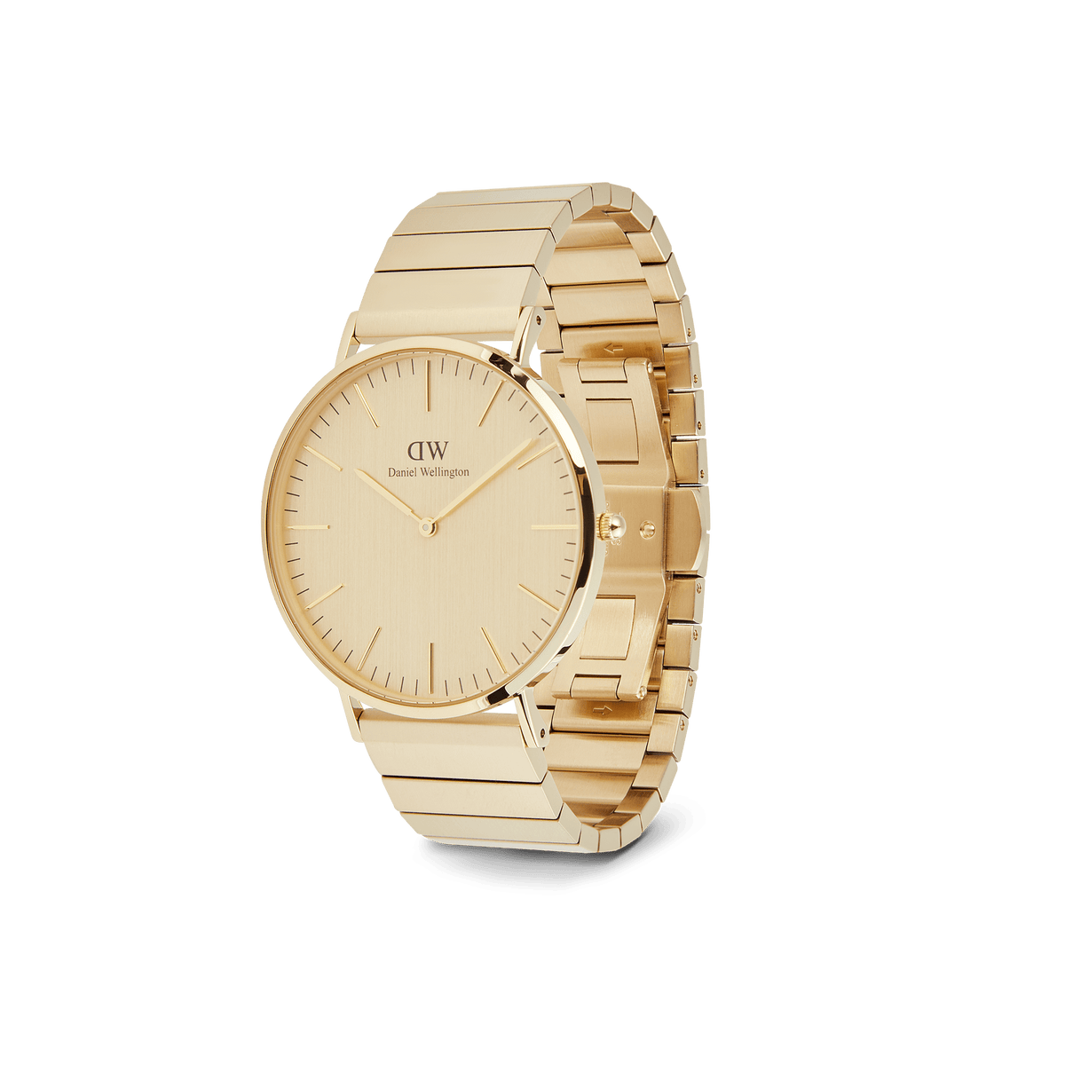 Classic Piano Link Gold Unitone men’s watch with a brushed gold dial, minimalist markers, and a geometric piano link bracelet, shown at an angle to highlight its slim profile and polished gold finish.