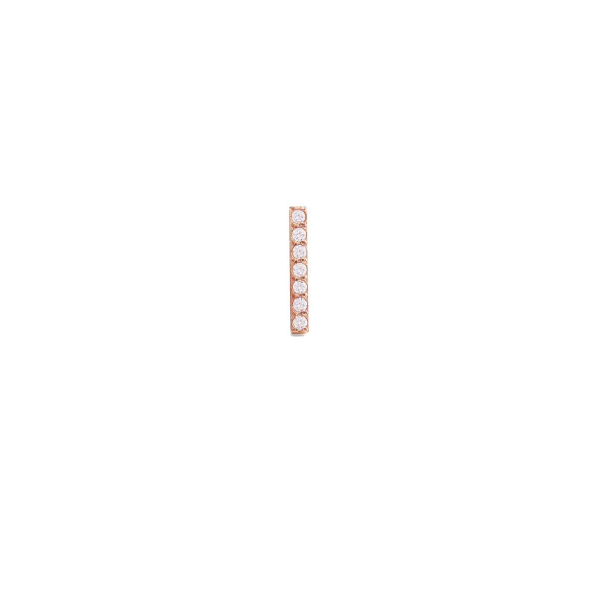 Slim rose gold stud earring featuring a vertical bar set with seven sparkling cubic zirconia crystals, designed for a minimalist and elegant look.