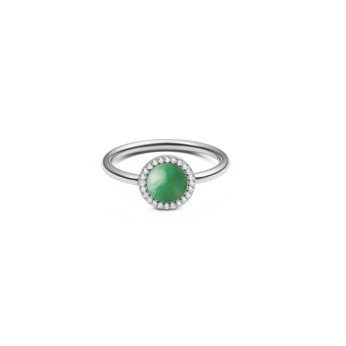 Audrey Ring Jade Silver with a slim silver band, featuring a round green jade centrepiece framed by a halo of sparkling white cubic zirconia for a modern, elegant finish.