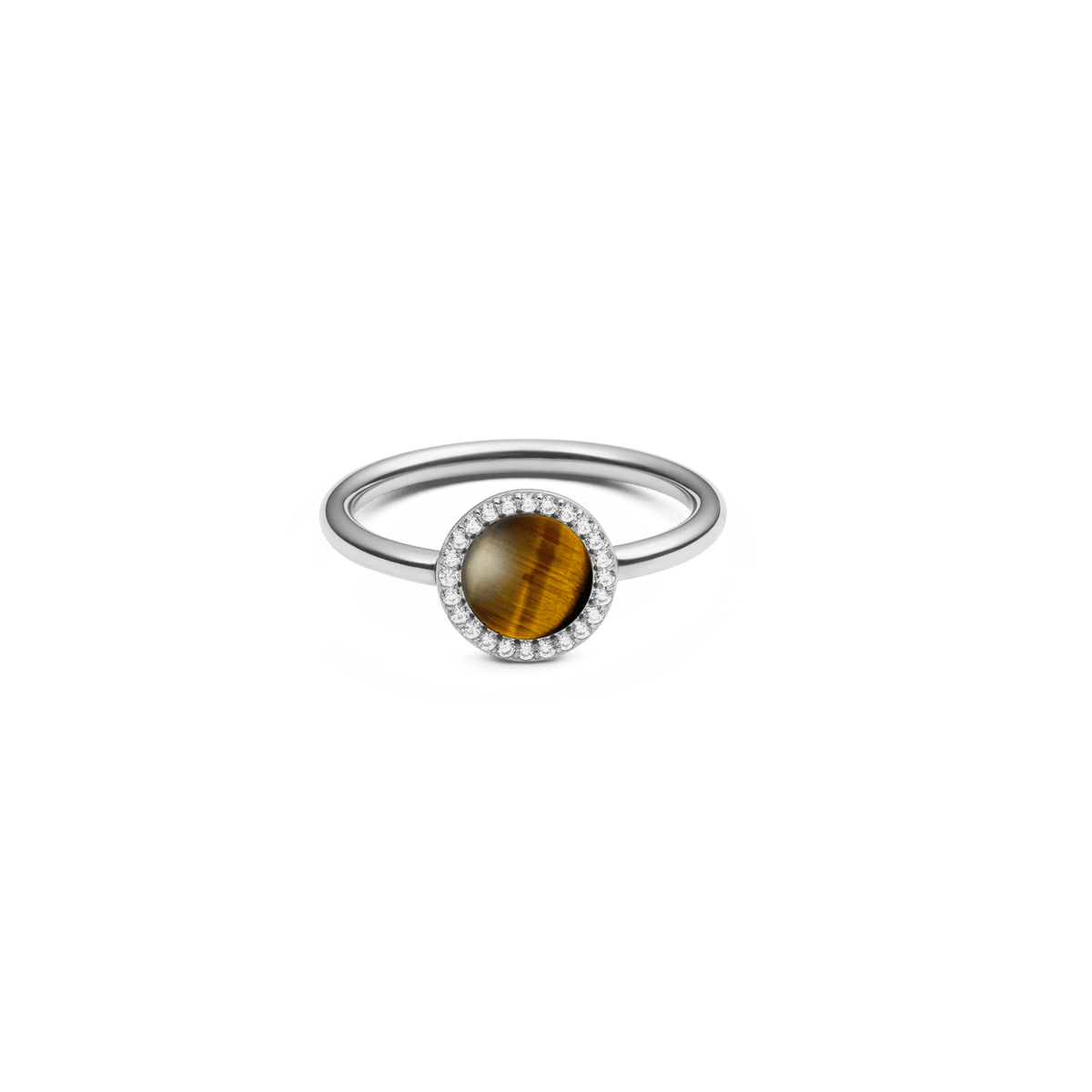 Slim silver ring featuring a round tiger eye gemstone at the centre, surrounded by a halo of sparkling white cubic zirconia crystals.