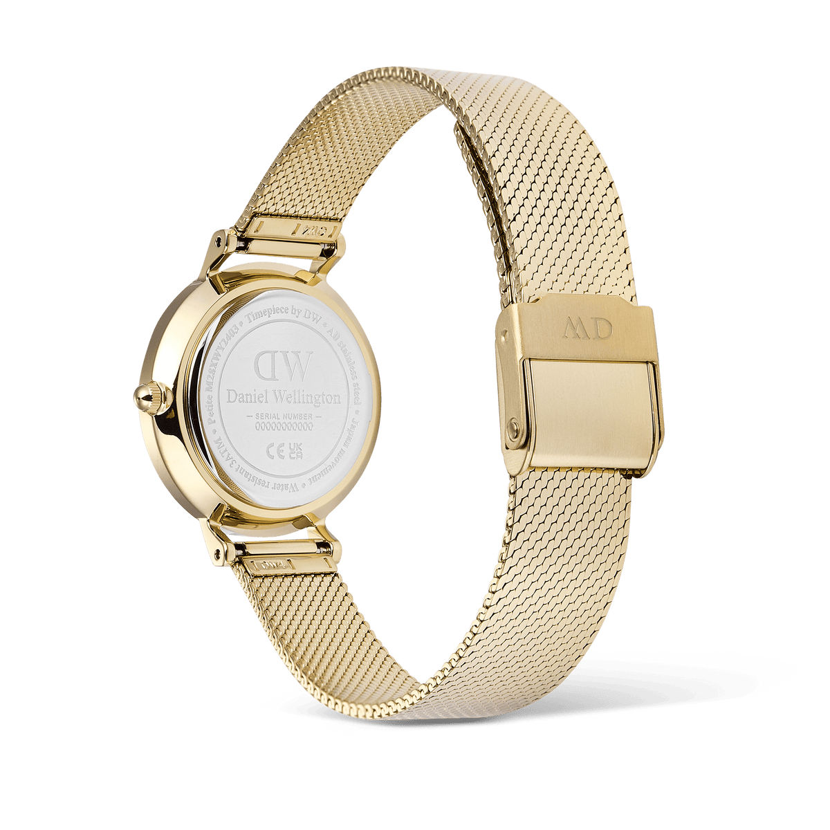 Close-up of the Daniel Wellington Petite Reflection Gold watch showing the stainless steel case back, gold mesh strap, and secure clasp, highlighting the quality craftsmanship and elegant finish.
