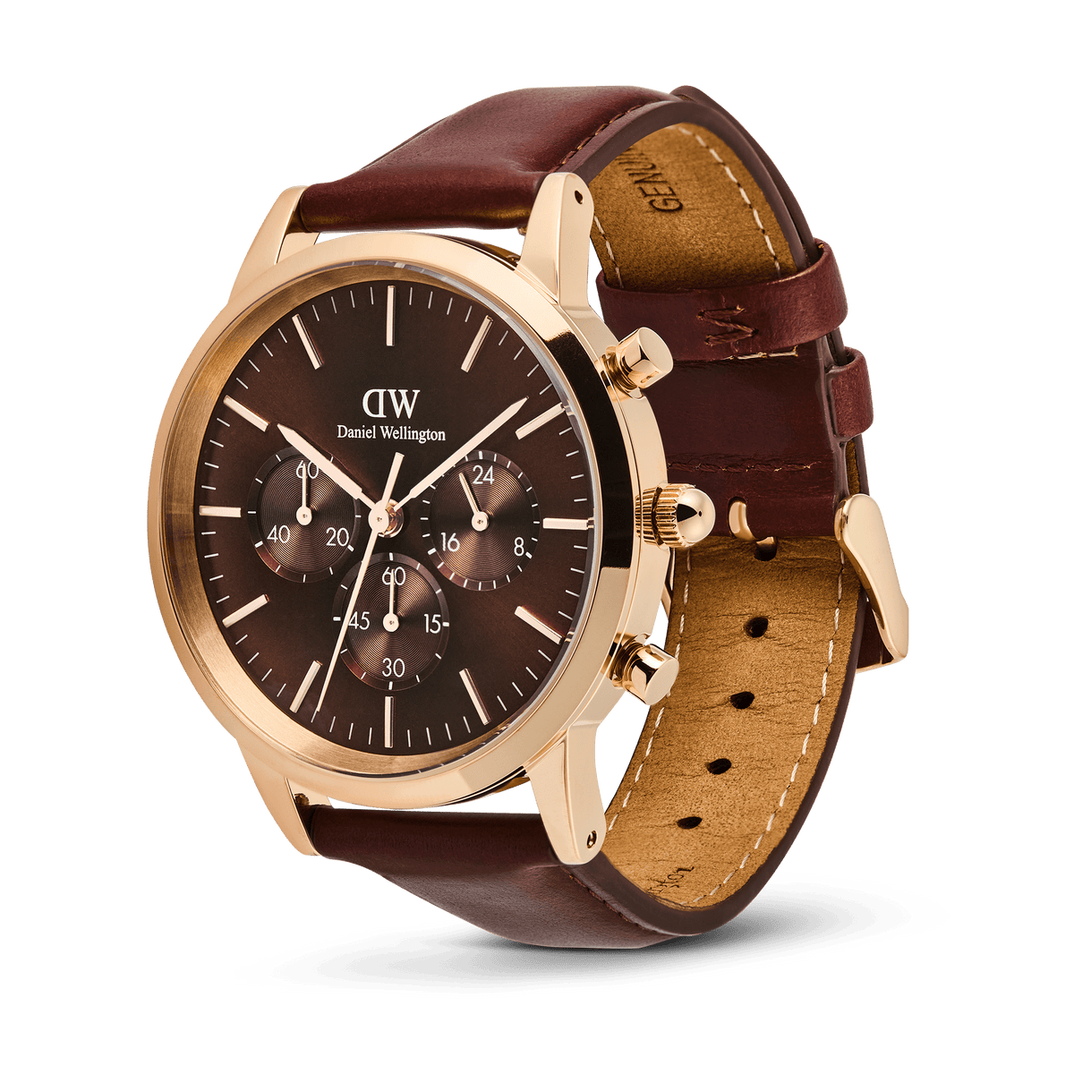 Iconic Chronograph St Mawes Amber RG men's watch with a rose gold case, amber dial, three chronograph sub-dials, and a brown genuine leather strap, shown from a side angle to highlight its premium detailing and adjustable fit.