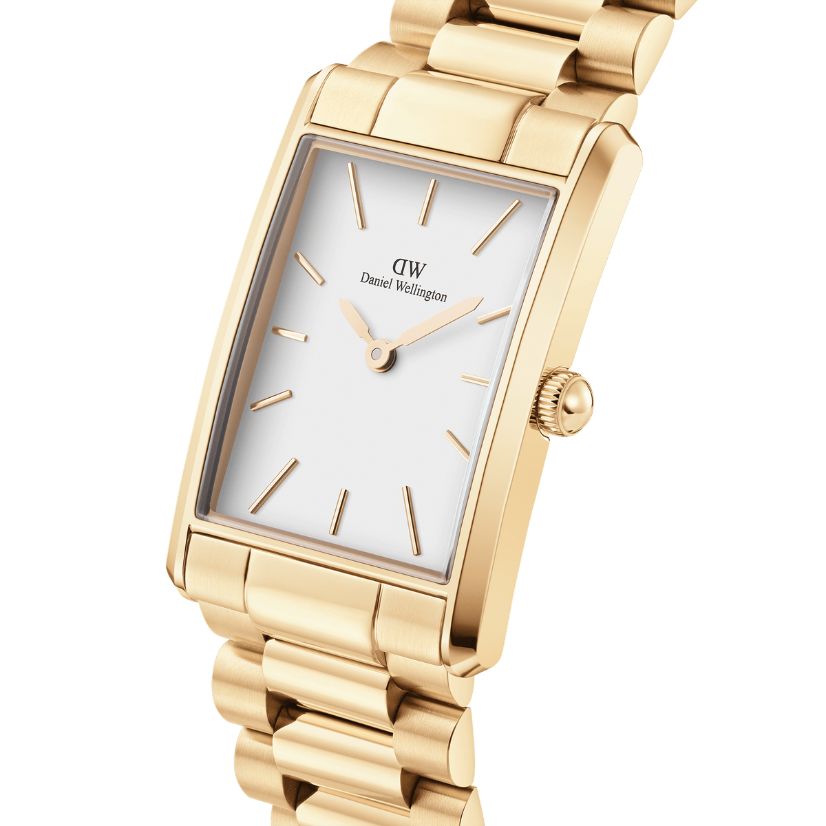 Bound 3-Link Gold watch with a rectangular gold case, minimalist white dial, and polished 3-link gold bracelet, highlighting its refined and modern design.