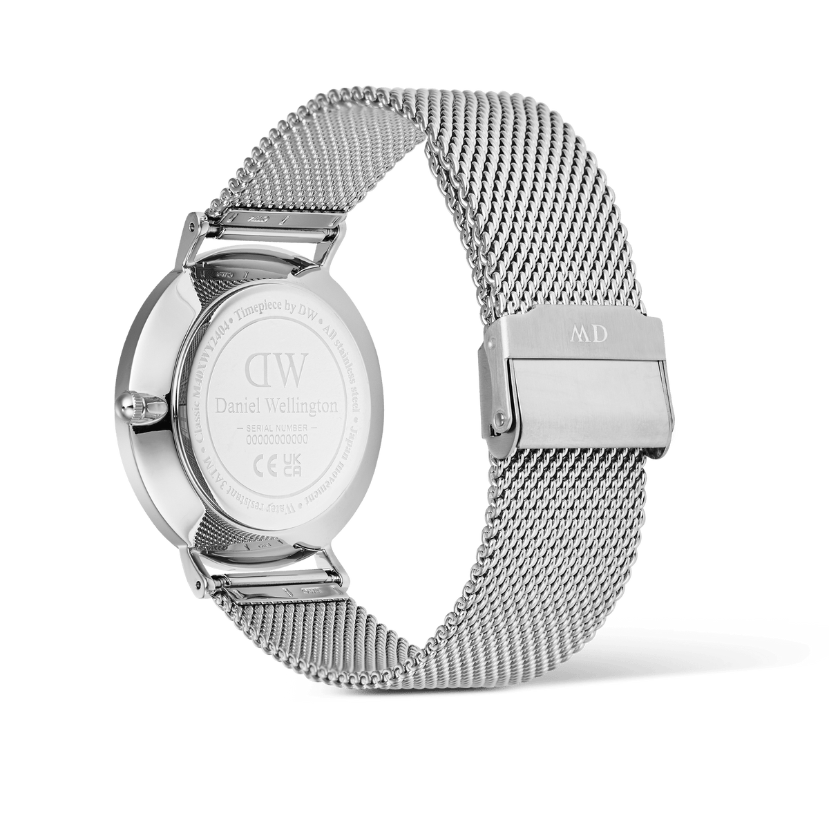 Back view of the Classic Day Display Sterling Champagne watch showing the engraved stainless steel case and adjustable silver mesh strap with a secure clasp.