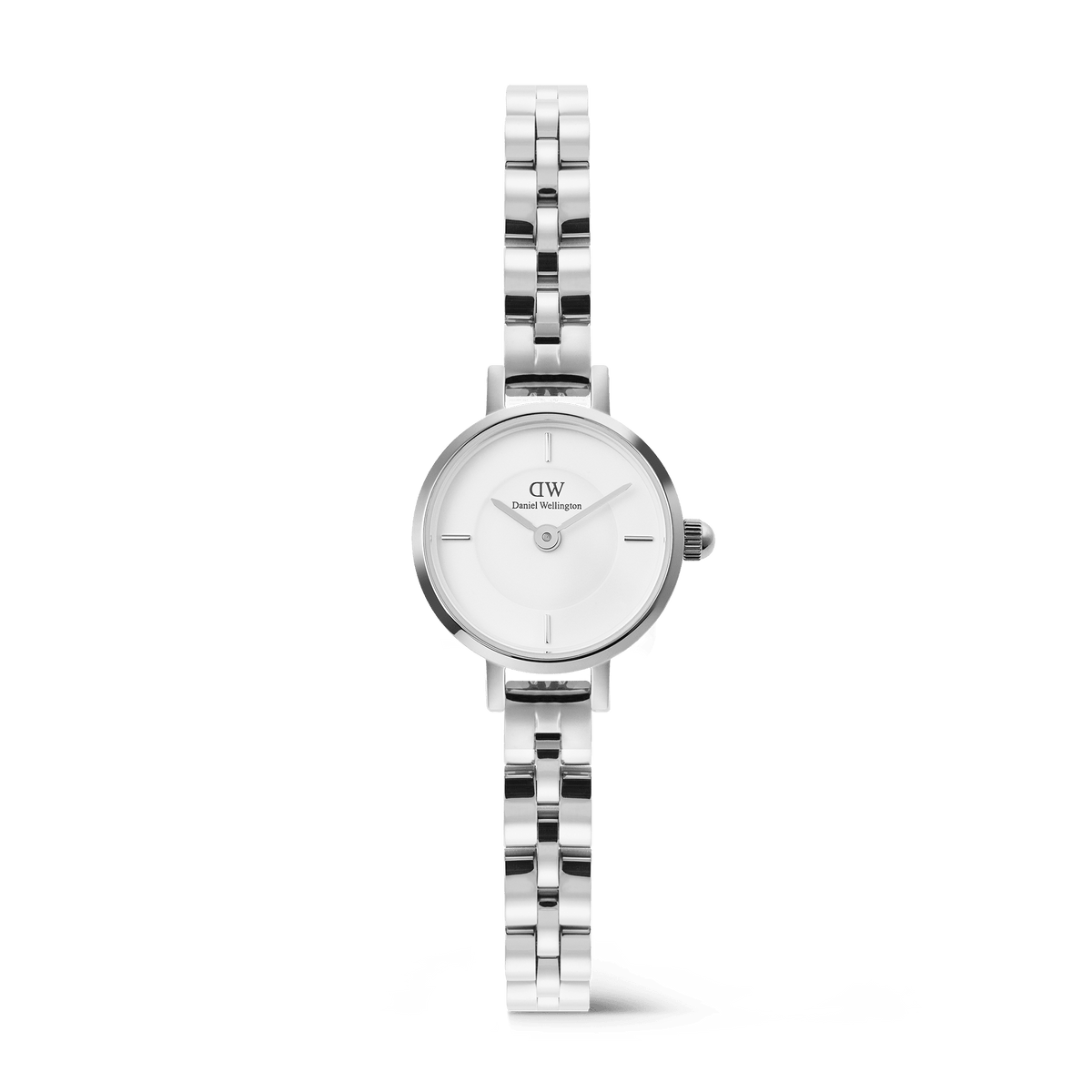 Petite Mini Arch 3-link White Silver watch with a 19mm stainless steel case, crisp white dial, and polished silver three-link bracelet, designed for women who prefer a minimalist and elegant accessory.