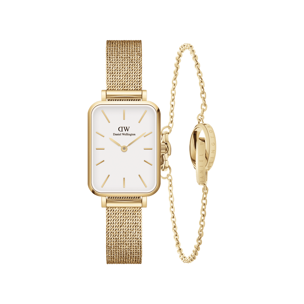 Rectangular gold mesh strap watch with an eggshell white dial paired with a delicate gold chain bracelet featuring a unity ring detail, both designed for a refined and cohesive look.