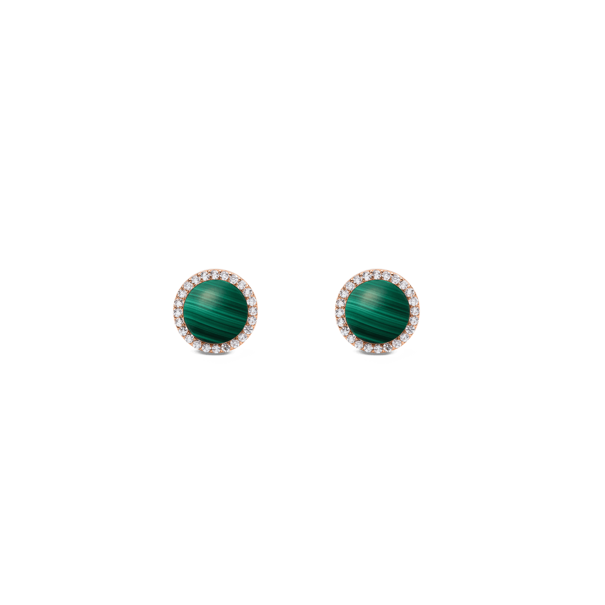 A pair of round stud earrings featuring domed green malachite centres, each surrounded by a halo of white cubic zirconia set in rose gold. The minimalist design highlights the natural malachite patterns and refined sparkle, ideal for adding a touch of colour to everyday or formal outfits.