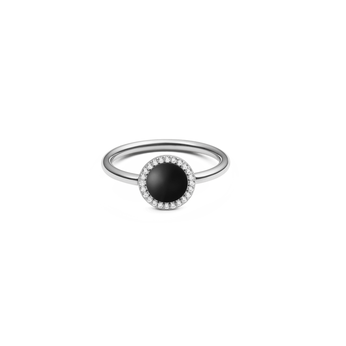 Silver ring with a round black agate centrepiece, encircled by sparkling white cubic zirconia, highlighting its elegant and contemporary style.