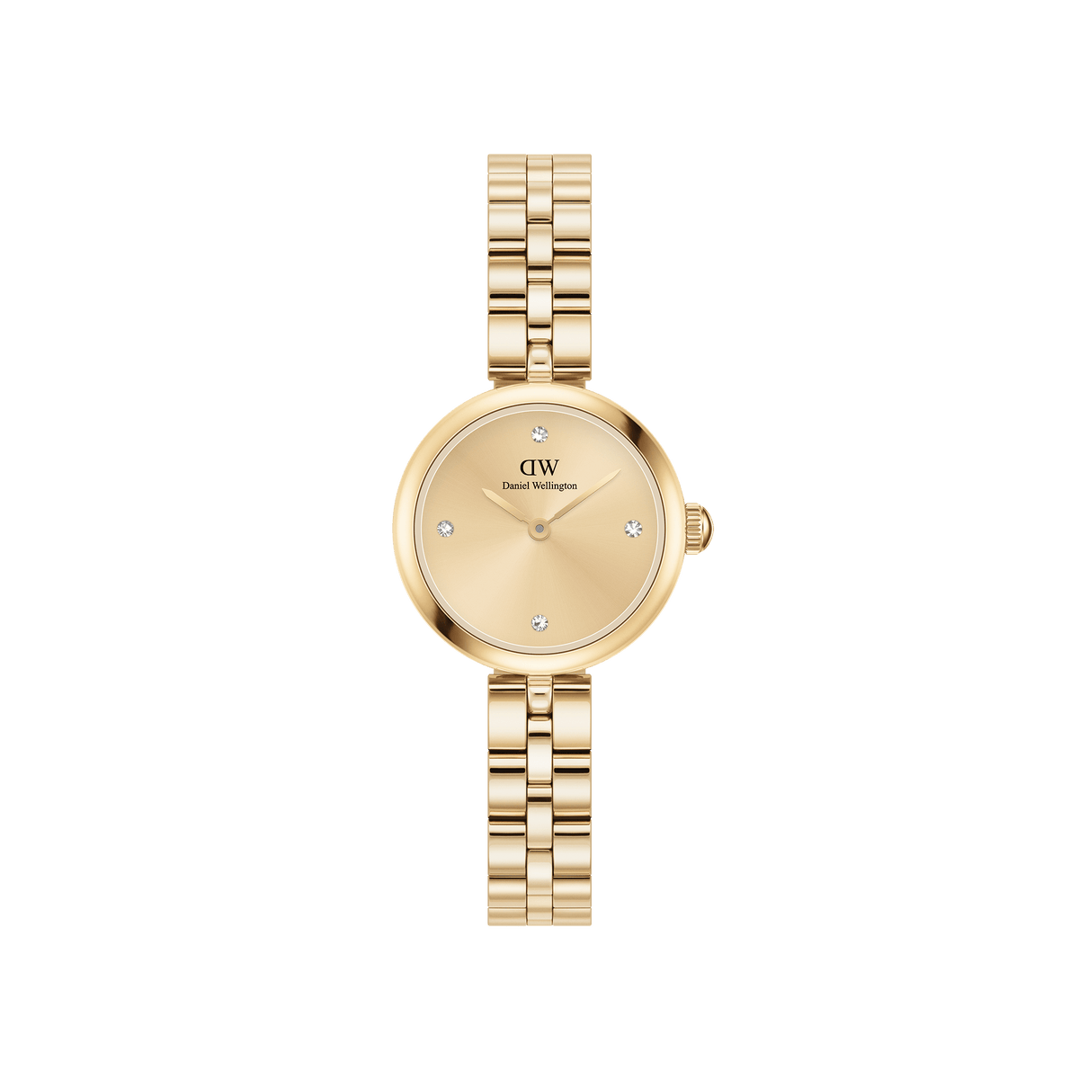 Elan Lumine Unitone Gold ladies watch with a petite 22mm gold case, minimalist crystal dial, and three-link gold bracelet, showcasing a refined and timeless style suitable for everyday wear.