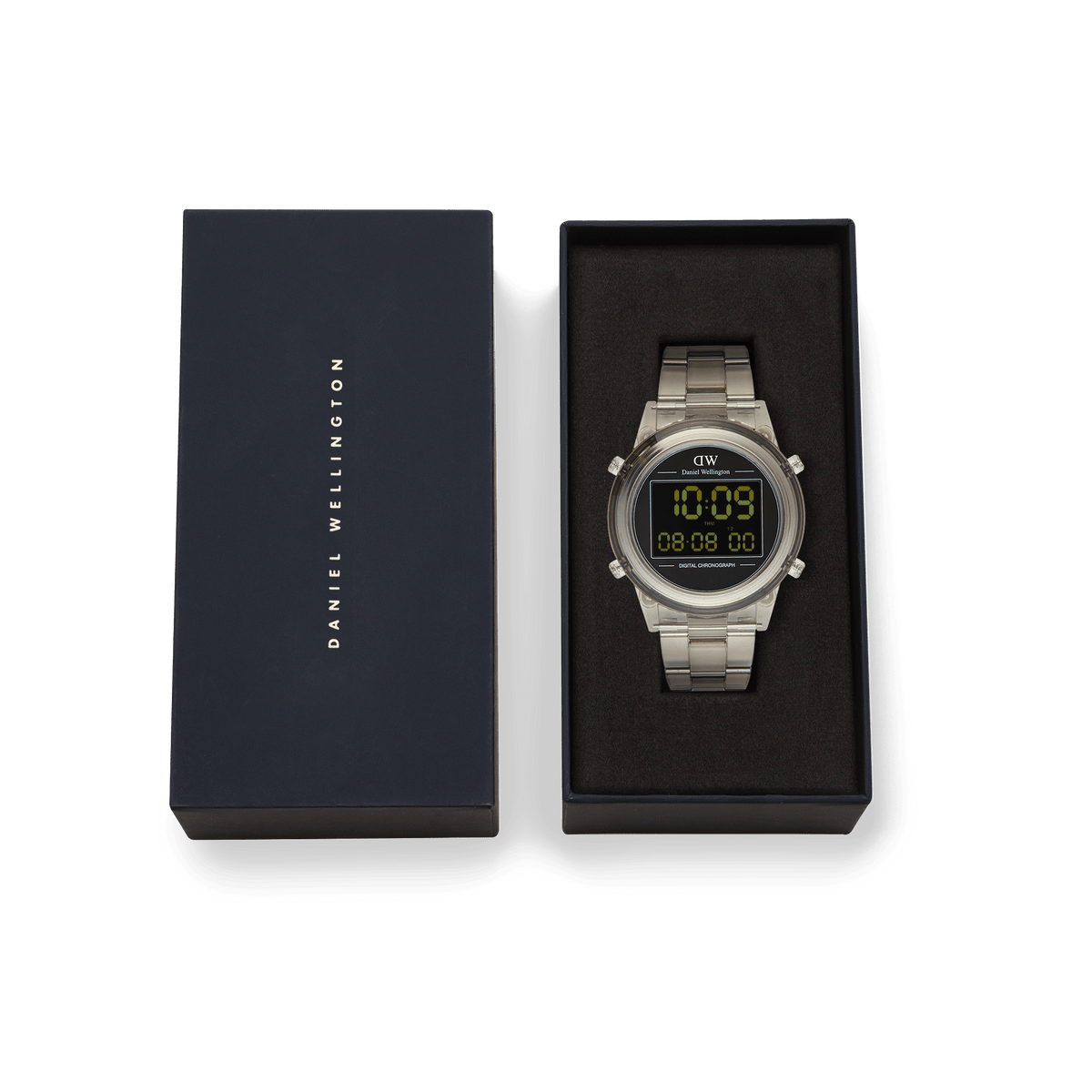Retro Digital Light Grey Light Grey watch with a transparent light grey strap and round digital face, presented in a Daniel Wellington branded gift box.