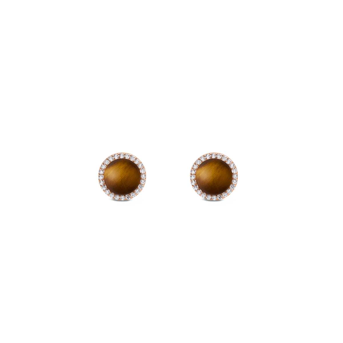 A pair of Daniel Wellington Audrey Earrings featuring domed tiger eye stones set in rose gold, each surrounded by a halo of white cubic zirconia crystals for a refined, elegant look.