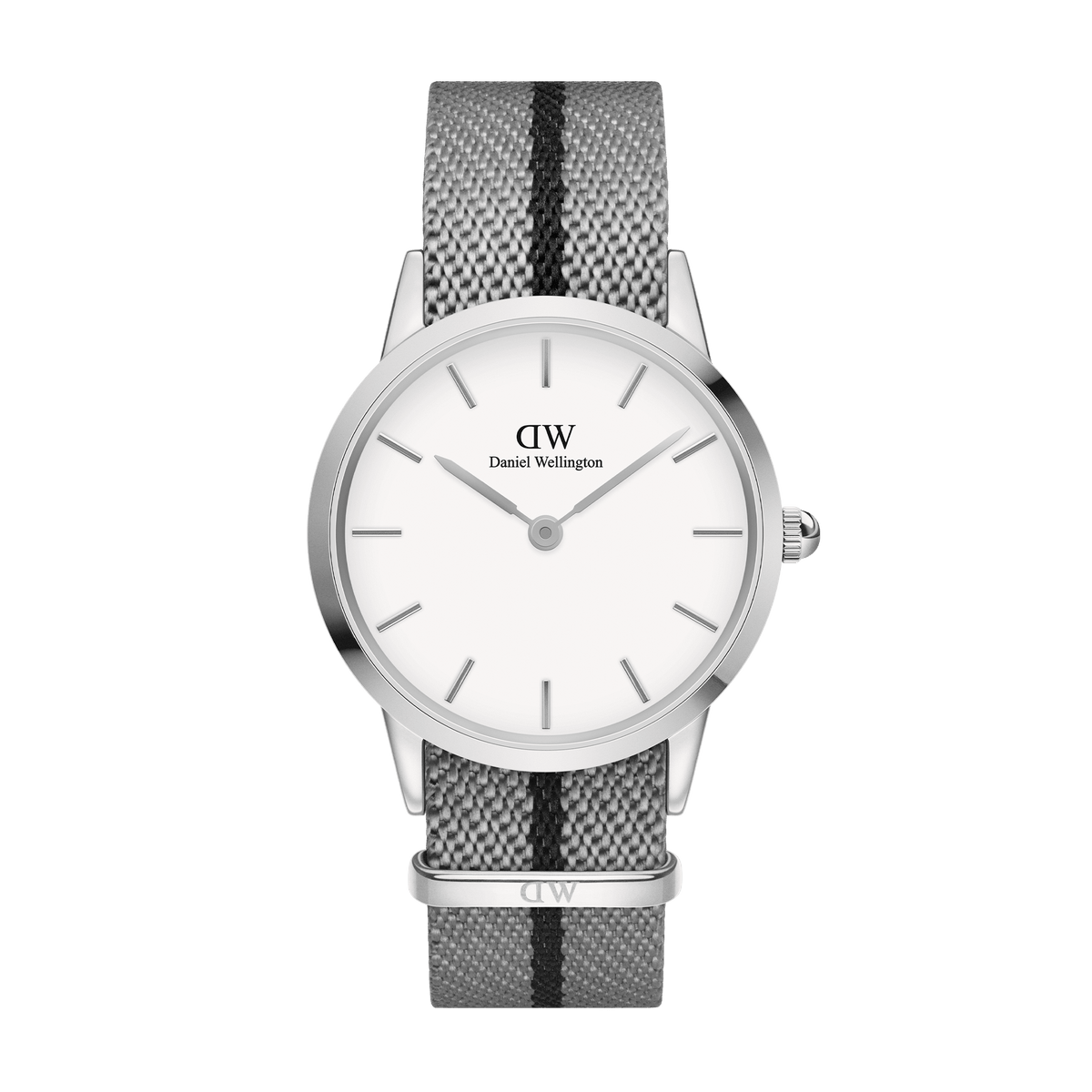 Daniel Wellington Iconic NATO Grey/Black watch with a 36mm stainless steel case, minimalist white dial, and a grey and black recycled nylon NATO strap featuring a twill weave and adjustable length.