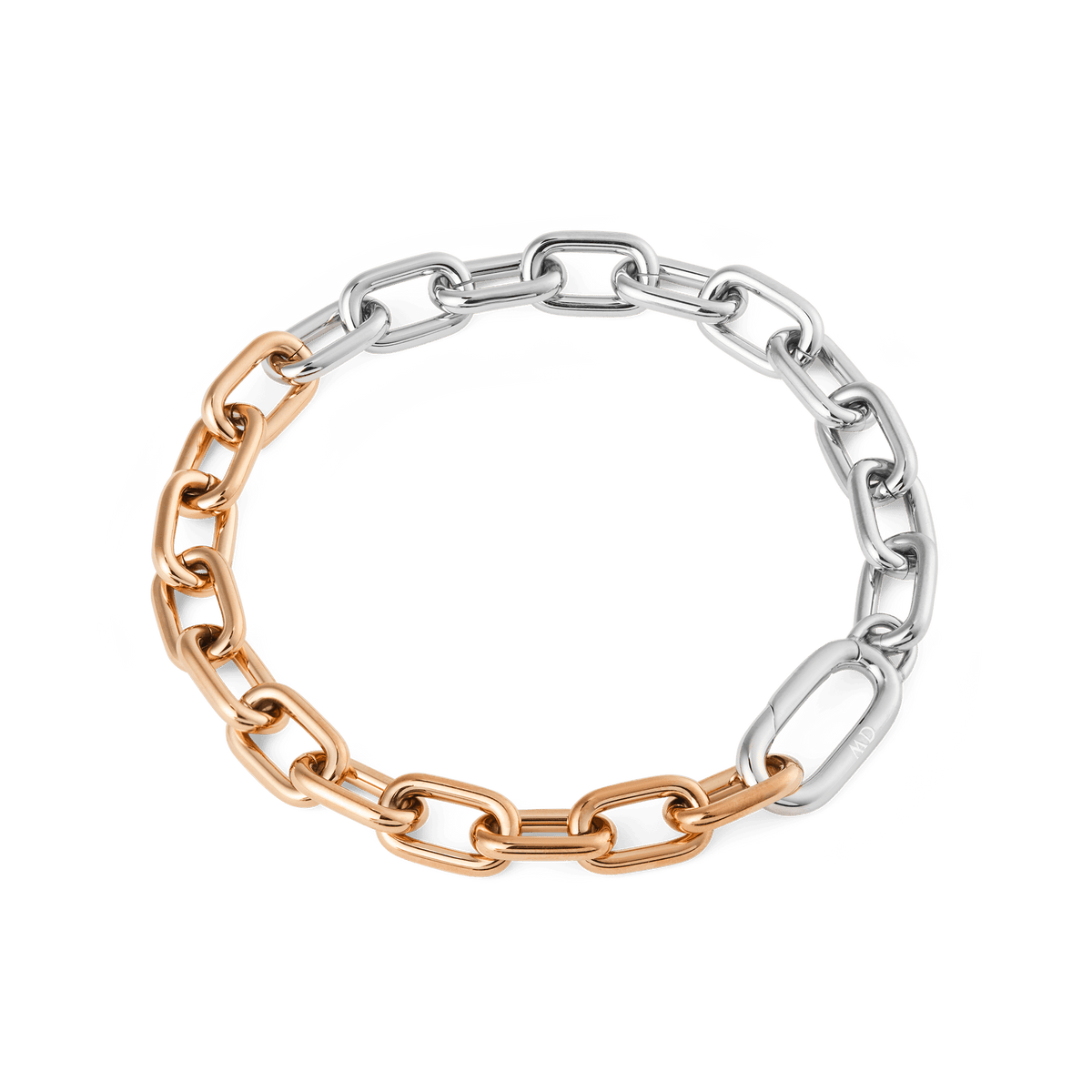 Contrast Link Bracelet Two Tone Rose Gold with alternating polished silver and rose gold squared links, designed in a modern chain style and crafted from stainless steel for a refined, versatile look.