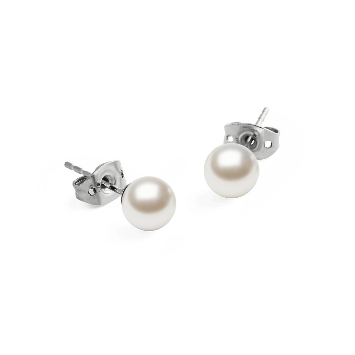 Daniel Wellington Pearl Stud Earring Silver featuring 6 mm Swarovski glass pearls set in slim silver-tone stainless steel with butterfly backs, shown from an angle to highlight their refined, minimalist design.