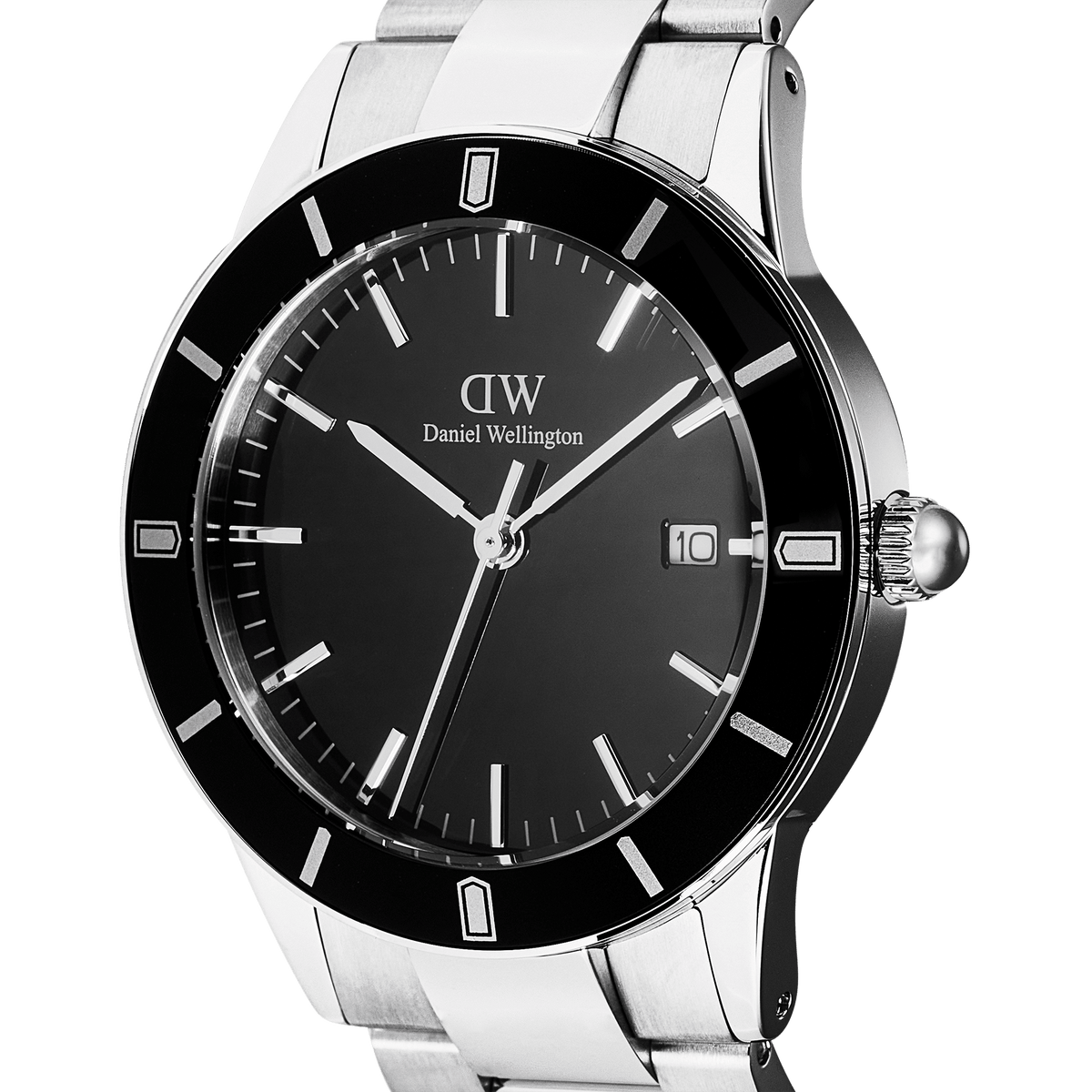 Close-up of the Iconic Paradigma Link Black Enamel watch, highlighting its minimalist black dial, silver-tone hands and markers, date window, and polished stainless steel case with a distinctive index bezel.