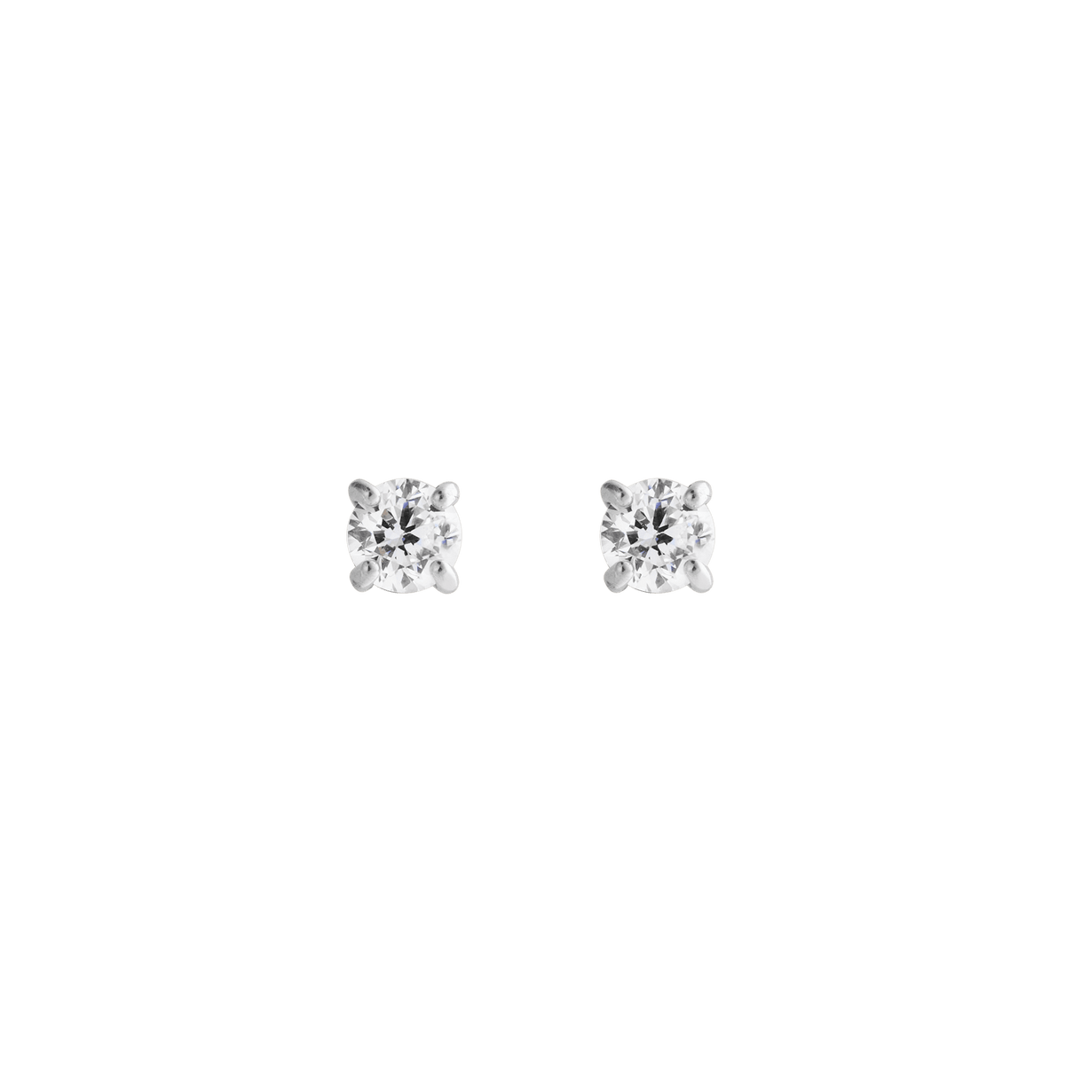 A pair of Mirelle Solitaire Stud Earring Silver featuring petite round white cubic zirconia crystals set in polished silver, showcasing a minimalist and timeless design.