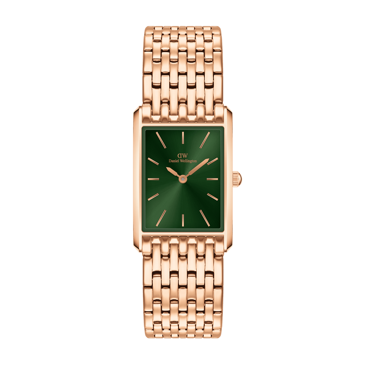 Bound 9-Link Emerald Sunray ladies watch featuring a slim rectangular rose gold case, integrated 9-link bracelet, and a striking green sunray dial with minimalist markers.